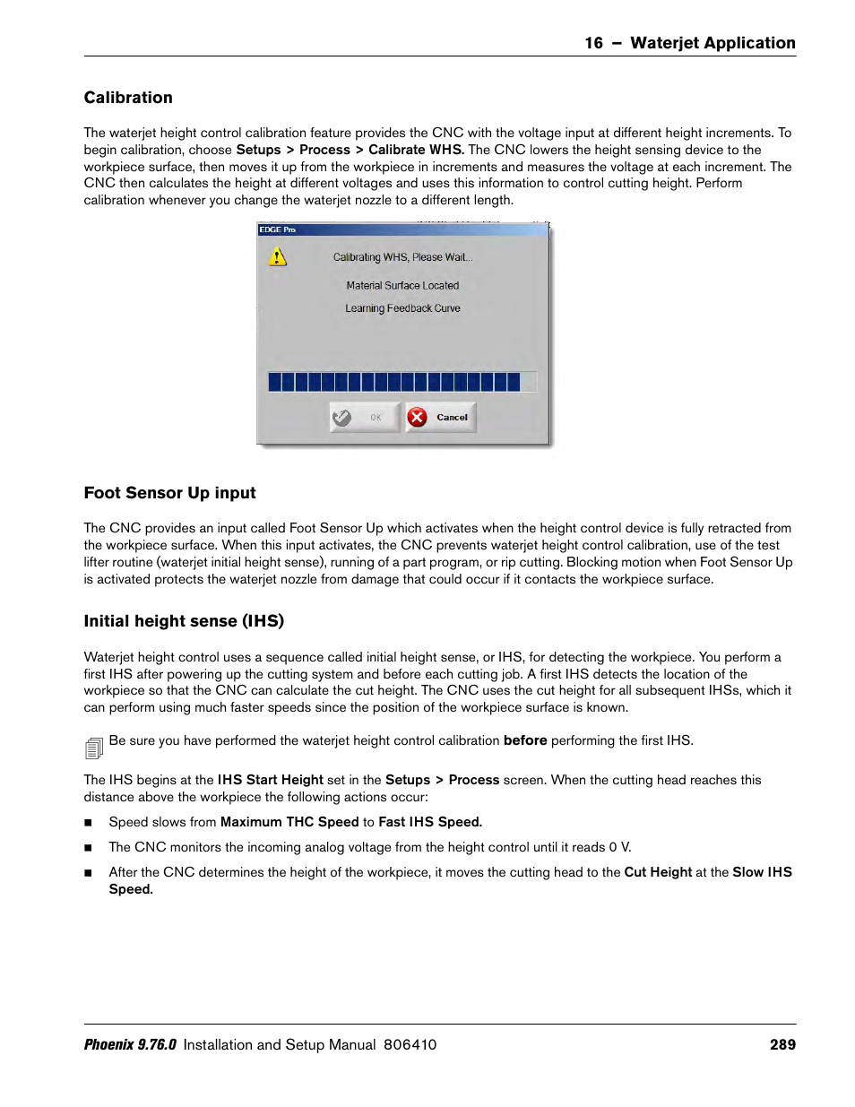 Calibration, Foot sensor up input, Initial height sense (ihs) | Hypertherm V9 Series Phoenix Rev.11 User Manual | Page 289 / 294
