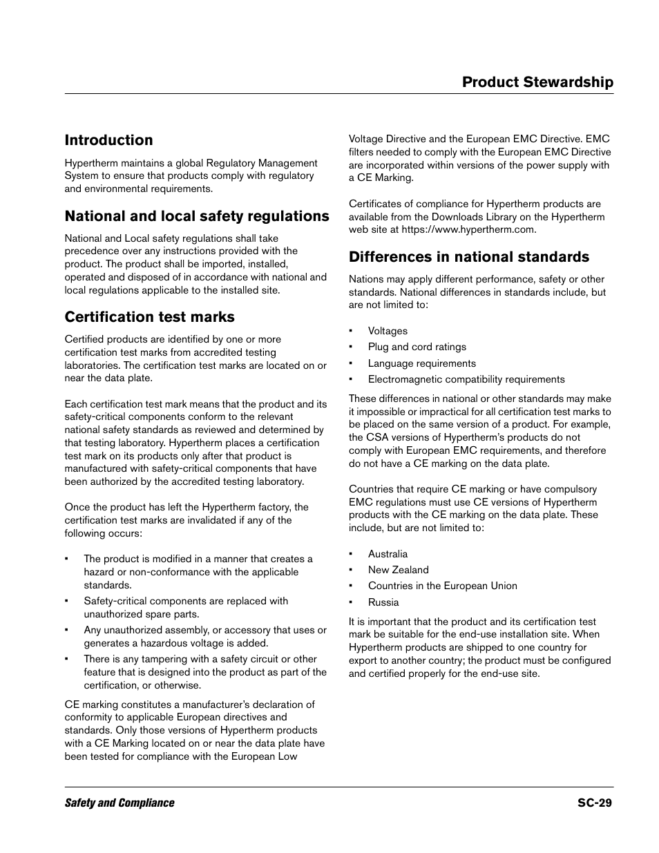 Product stewardship, Introduction, National and local safety regulations | Certification test marks, Differences in national standards, Product, Product stewardship introduction | Hypertherm V9 Series Phoenix Rev.11 User Manual | Page 29 / 294