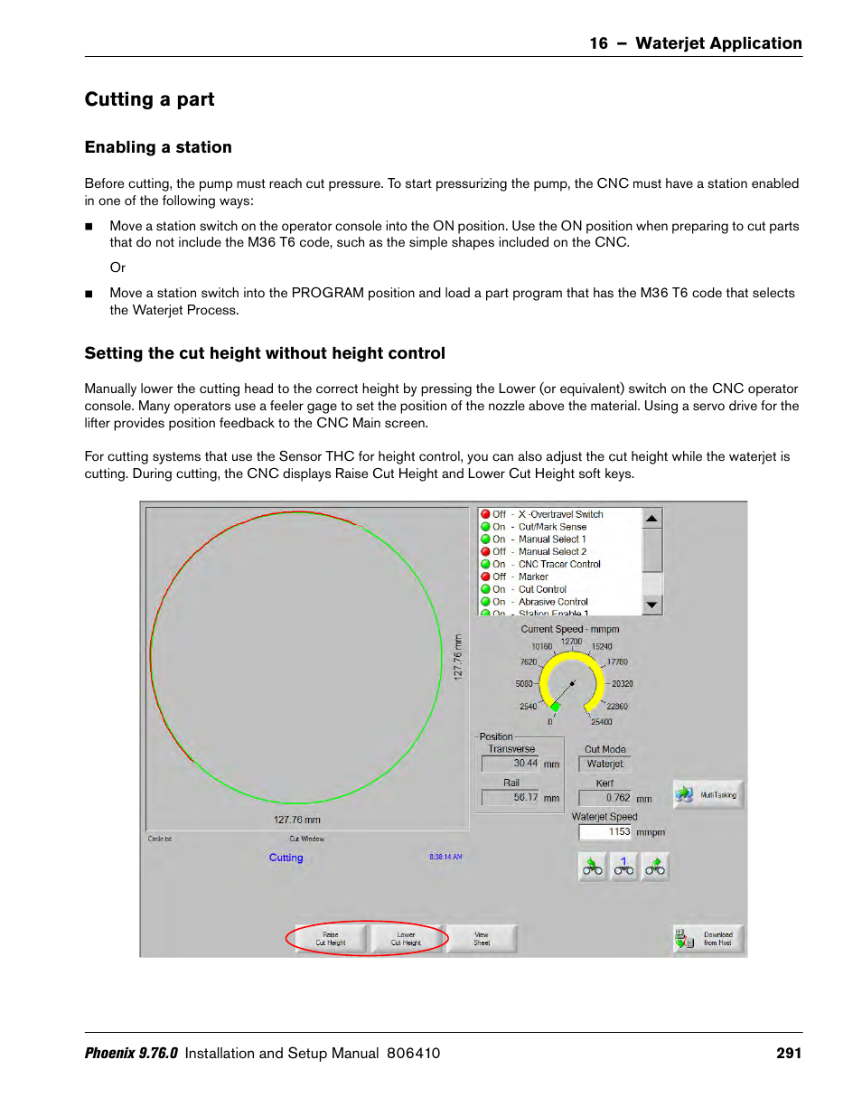 Cutting a part, Enabling a station, Setting the cut height without height control | Hypertherm V9 Series Phoenix Rev.11 User Manual | Page 291 / 294