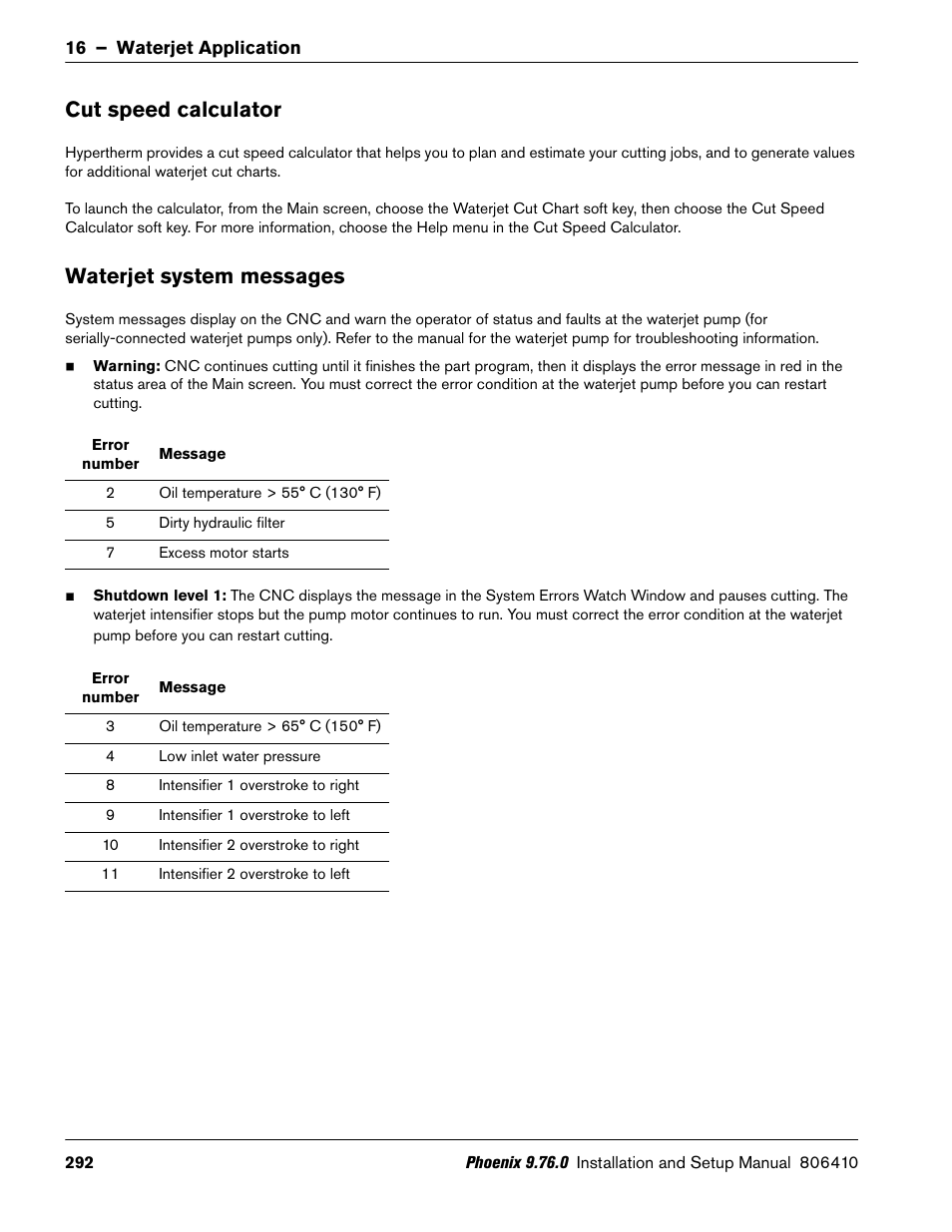 Cut speed calculator, Waterjet system messages | Hypertherm V9 Series Phoenix Rev.11 User Manual | Page 292 / 294