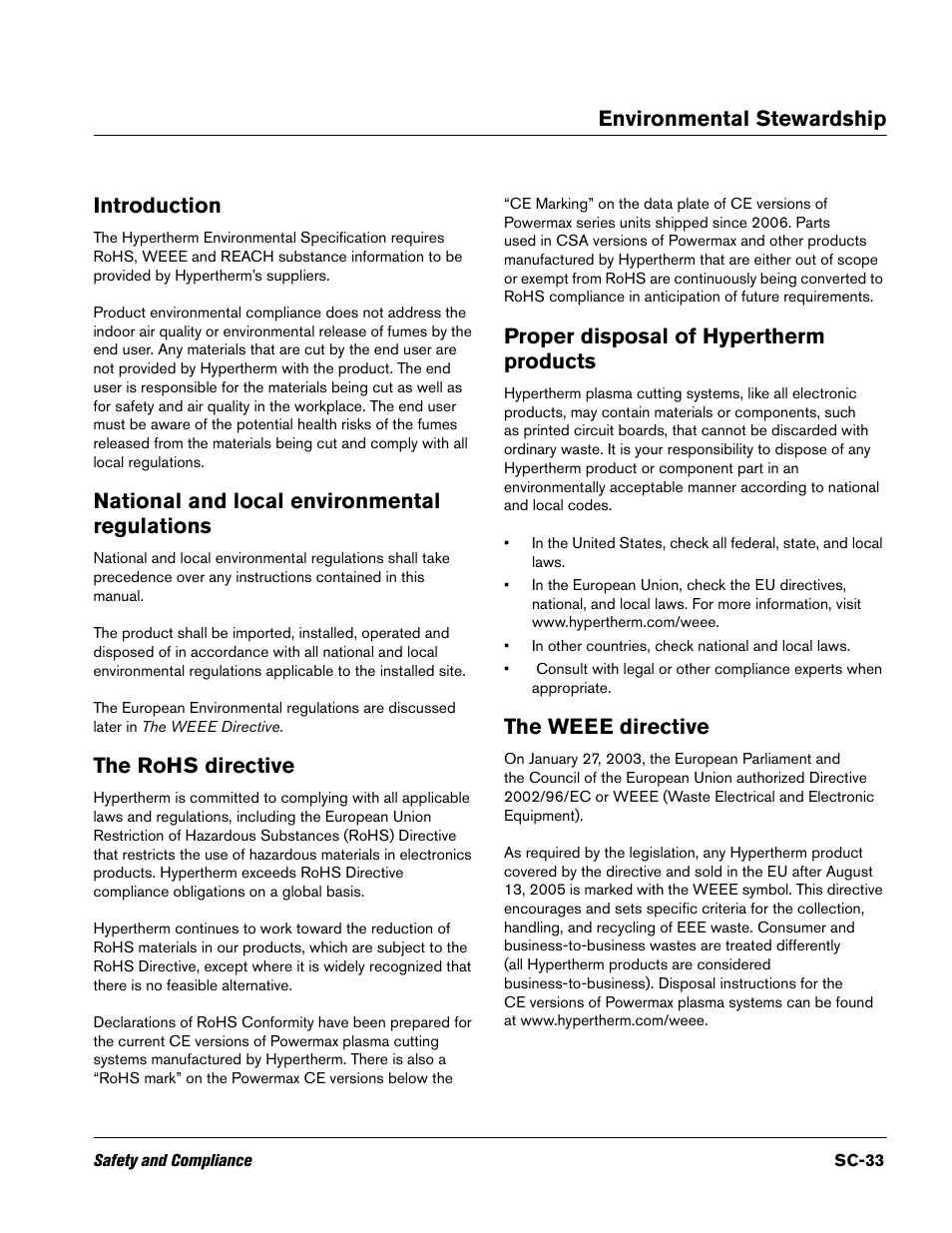 Environmental stewardship, Introduction, National and local environmental regulations | The rohs directive, Proper disposal of hypertherm products, The weee directive, Environmental, Environmental stewardship introduction | Hypertherm V9 Series Phoenix Rev.11 User Manual | Page 33 / 294