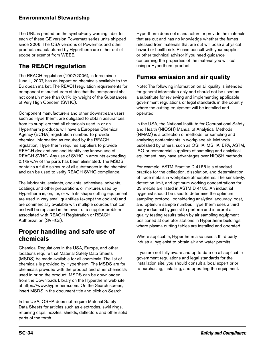 The reach regulation, Proper handling and safe use of chemicals, Fumes emission and air quality | Hypertherm V9 Series Phoenix Rev.11 User Manual | Page 34 / 294