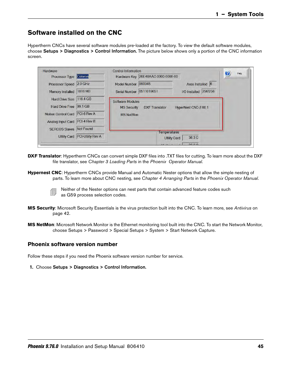 Software installed on the cnc, Phoenix software version number | Hypertherm V9 Series Phoenix Rev.11 User Manual | Page 45 / 294