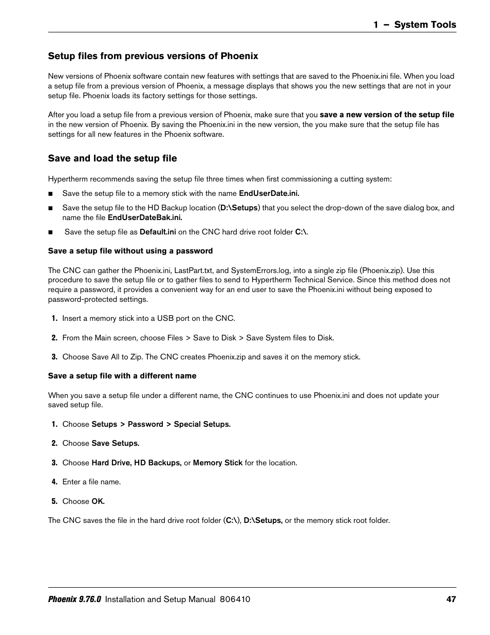 Setup files from previous versions of phoenix, Save and load the setup file, Save a setup file without using a password | Save a setup file with a different name | Hypertherm V9 Series Phoenix Rev.11 User Manual | Page 47 / 294