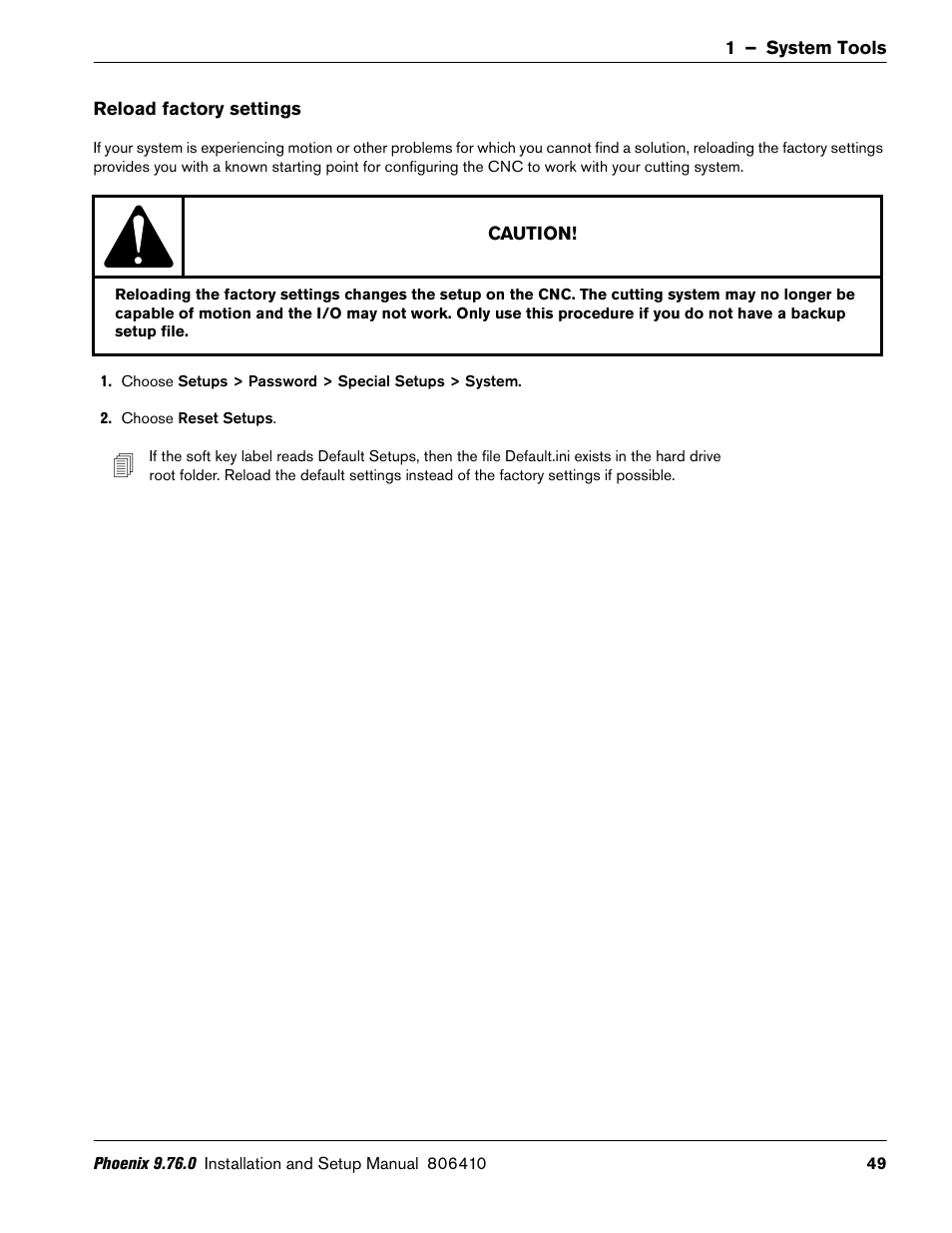 Reload factory settings | Hypertherm V9 Series Phoenix Rev.11 User Manual | Page 49 / 294