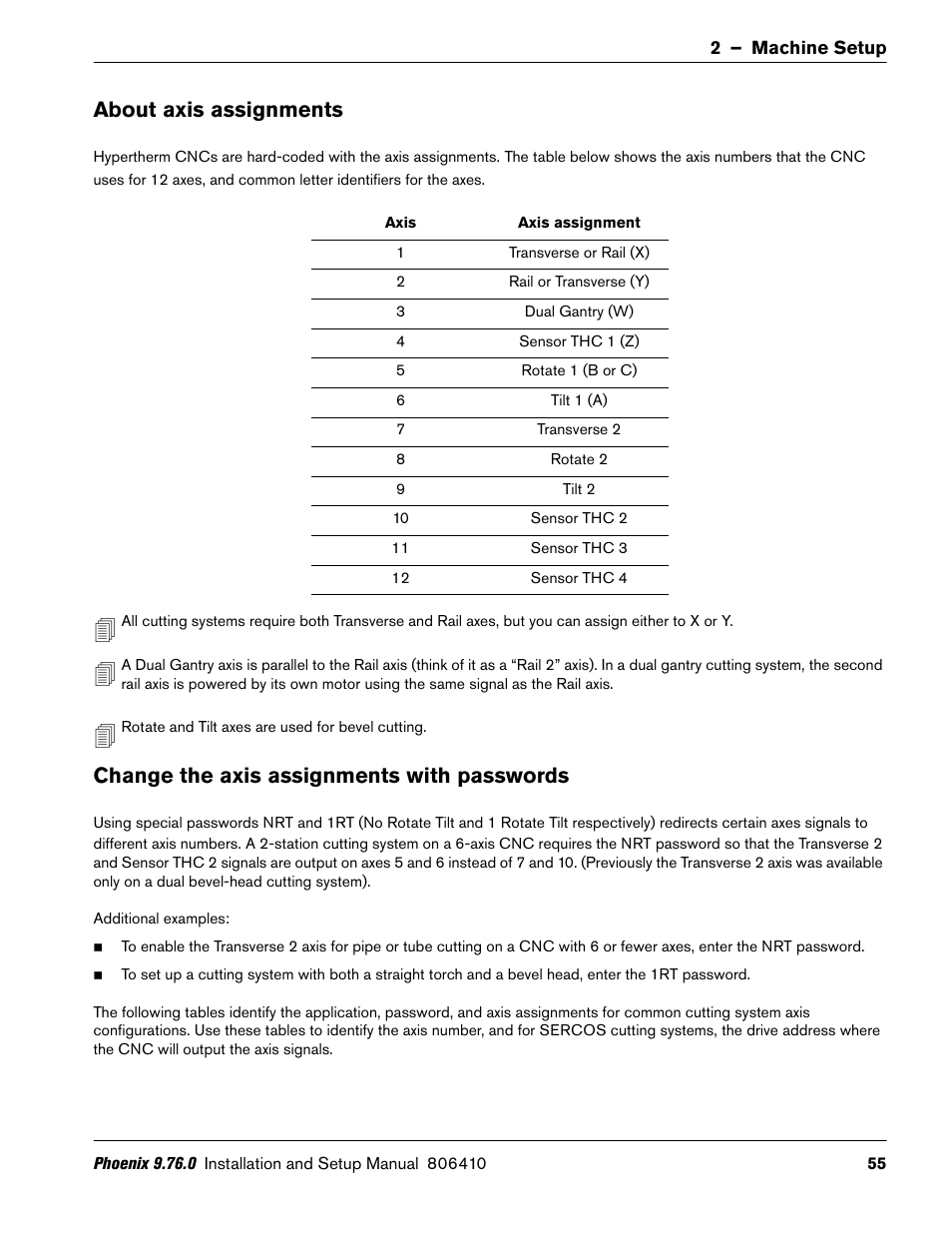 About axis assignments, Change the axis assignments with passwords | Hypertherm V9 Series Phoenix Rev.11 User Manual | Page 55 / 294