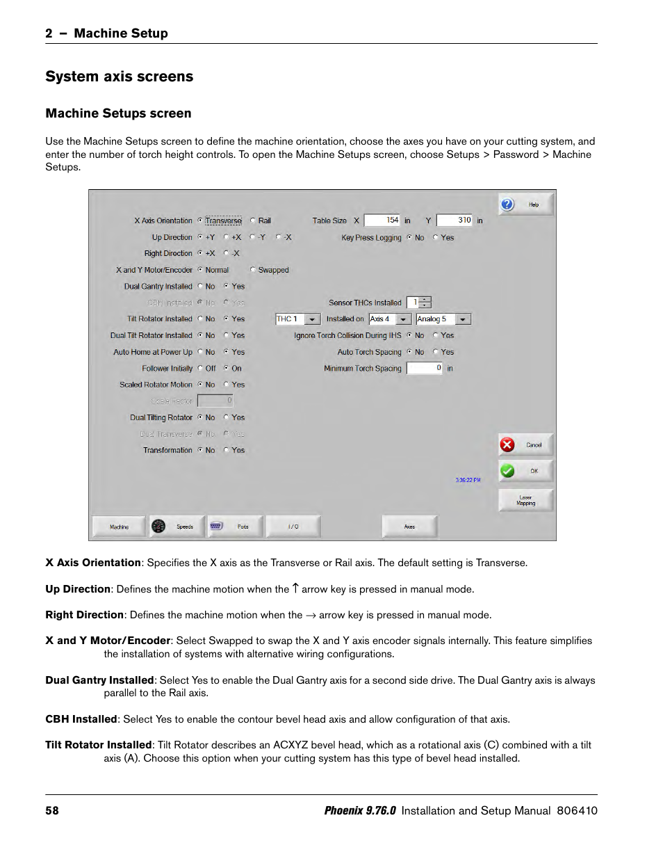 System axis screens, Machine setups screen | Hypertherm V9 Series Phoenix Rev.11 User Manual | Page 58 / 294