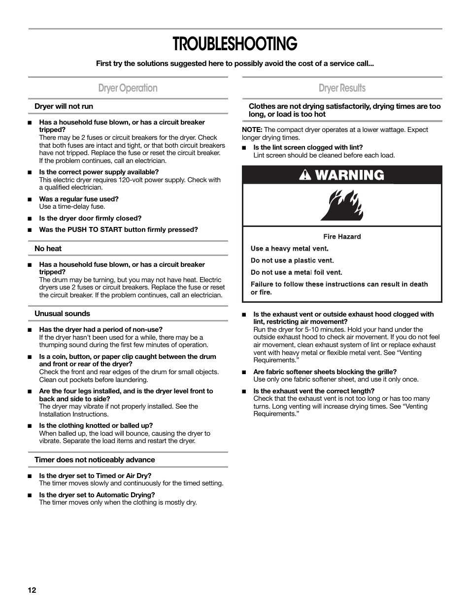 Troubleshooting, Dryer operation, Dryer will not run | No heat, Unusual sounds, Timer does not noticeably advance, Dryer results | Crosley CONSERVATOR W10151585B User Manual | Page 12 / 16