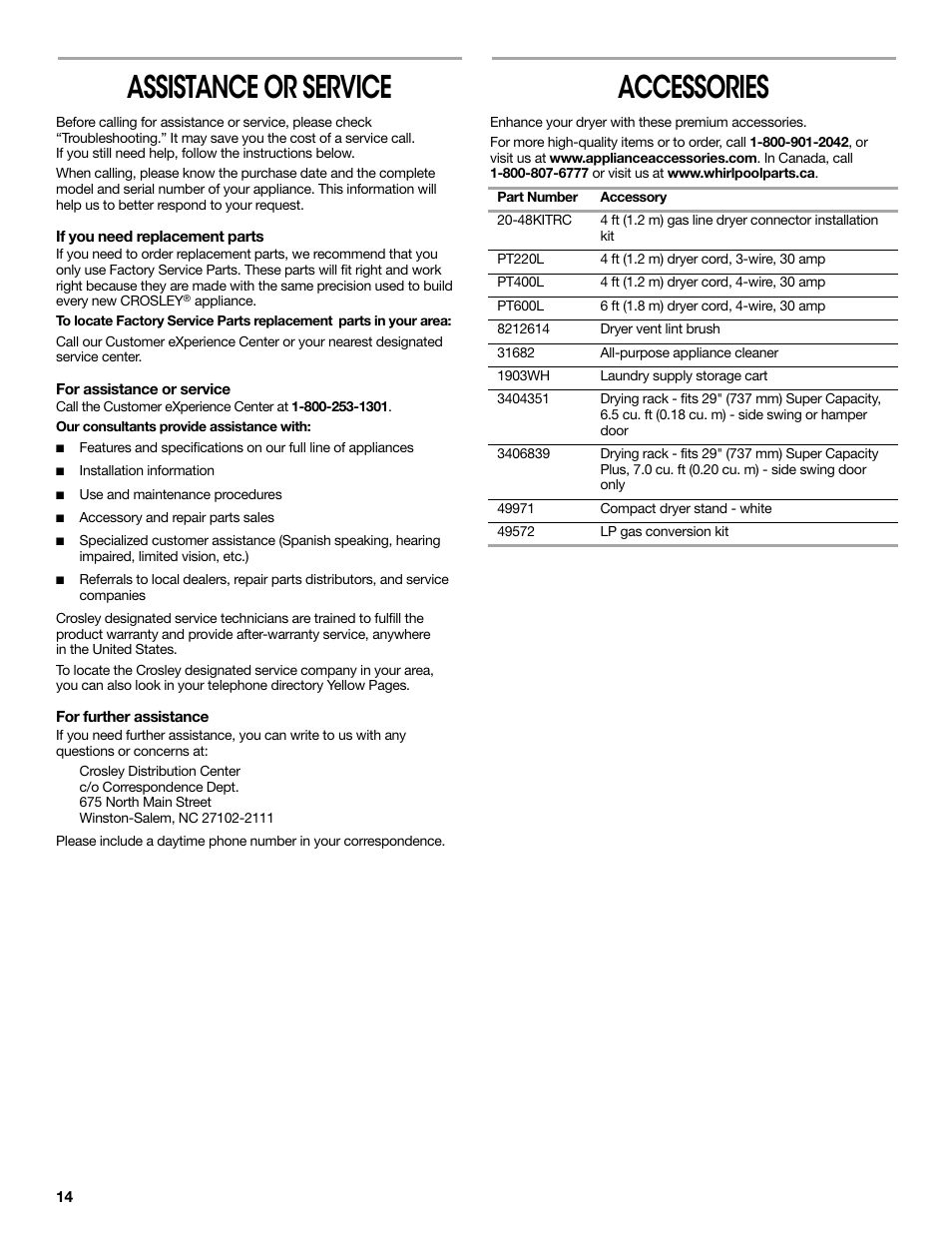 Assistance or service, If you need replacement parts, For assistance or service | For further assistance, Accessories, Enhance your dryer with these premium accessories, 48kitrc, Pt220l, 4 ft (1.2 m) dryer cord, 3-wire, 30 amp, Pt400l | Crosley CONSERVATOR W10151585B User Manual | Page 14 / 16