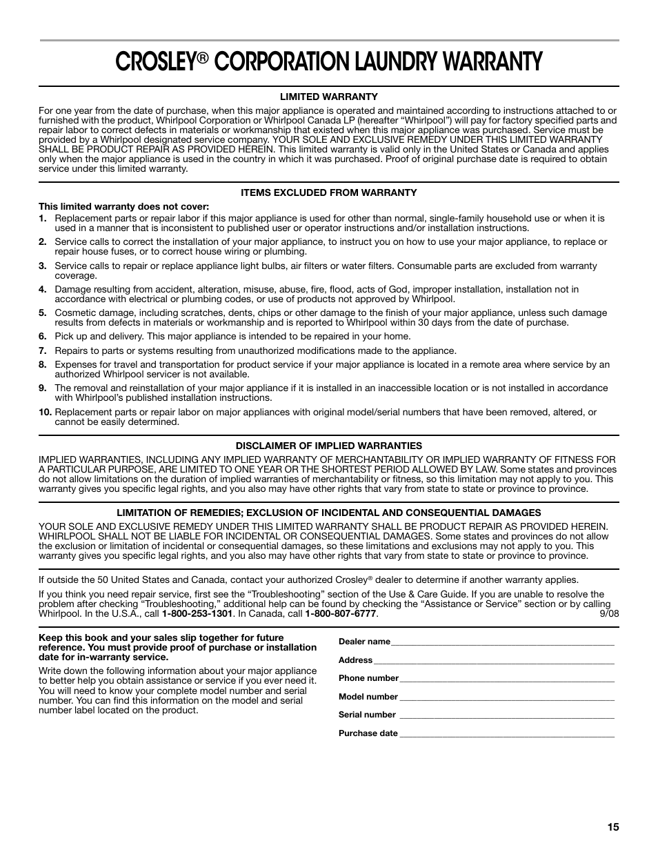 Crosley® corporation laundry warranty, Limited warranty, Items excluded from warranty | This limited warranty does not cover, Disclaimer of implied warranties, Crosley, Corporation laundry warranty | Crosley CONSERVATOR W10151585B User Manual | Page 15 / 16