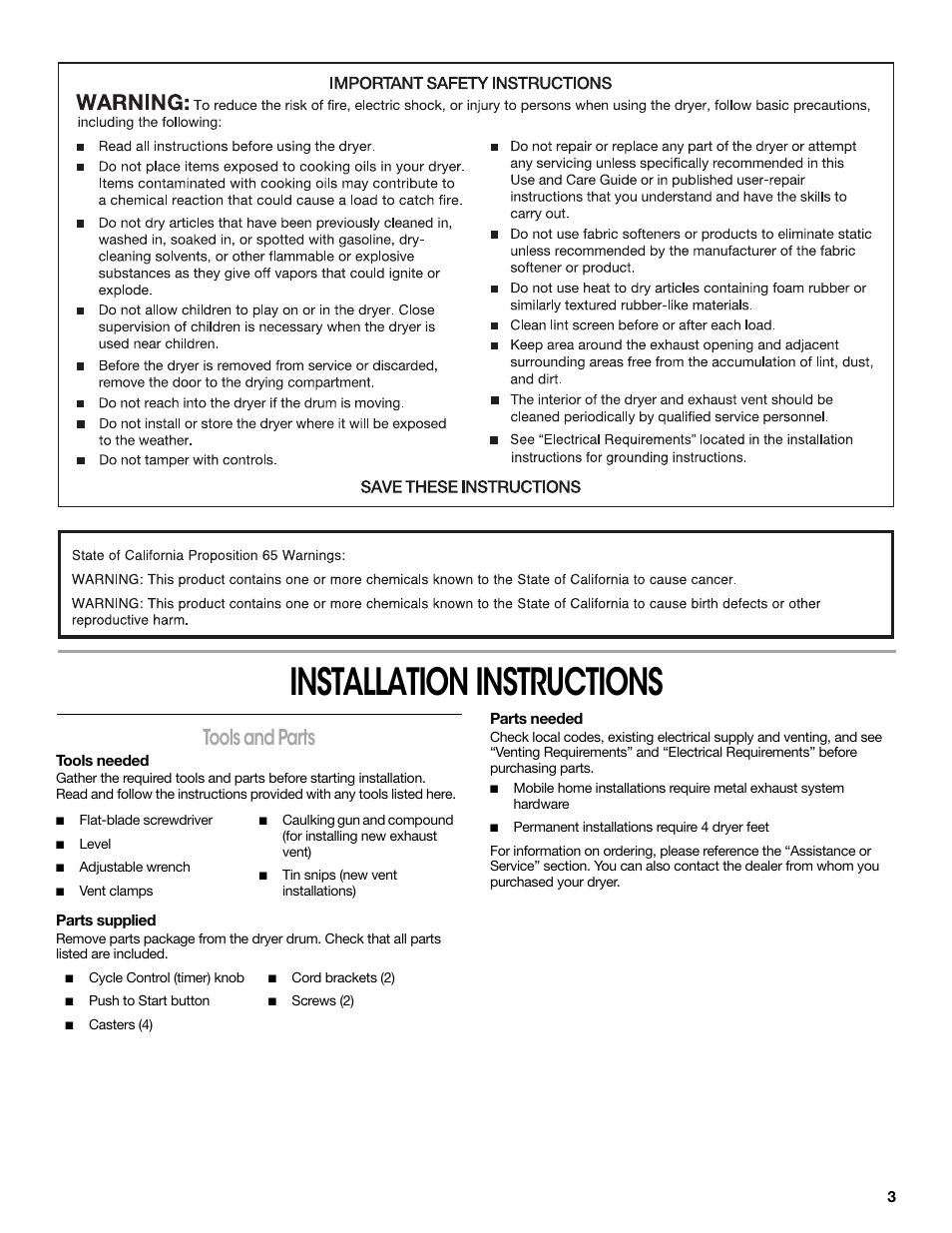 Installation instructions, Tools and parts, Tools needed | Parts supplied, Parts needed | Crosley CONSERVATOR W10151585B User Manual | Page 3 / 16