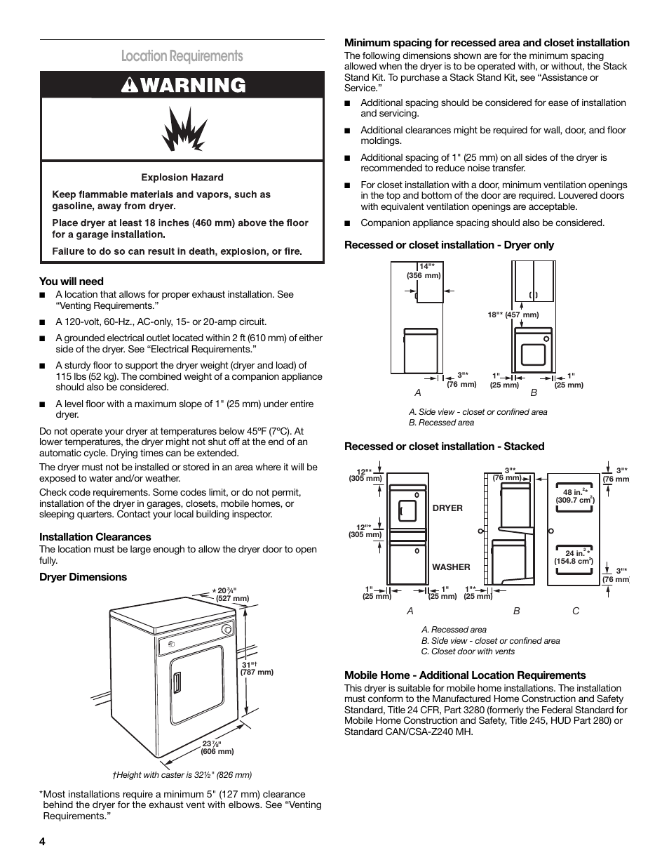 Location requirements, You will need, Installation clearances | Dryer dimensions, Height with caster is 32½" (826 mm), Recessed or closet installation - dryer only, Recessed or closet installation - stacked, Mobile home - additional location requirements | Crosley CONSERVATOR W10151585B User Manual | Page 4 / 16