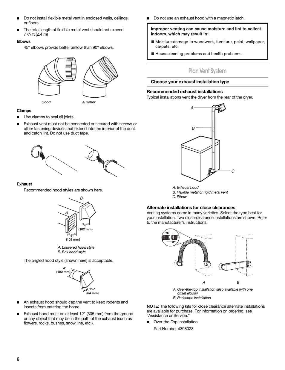 Good a better, Plan vent system, Choose your exhaust installation type | Recommended exhaust installations, Alternate installations for close clearances | Crosley CONSERVATOR W10151585B User Manual | Page 6 / 16