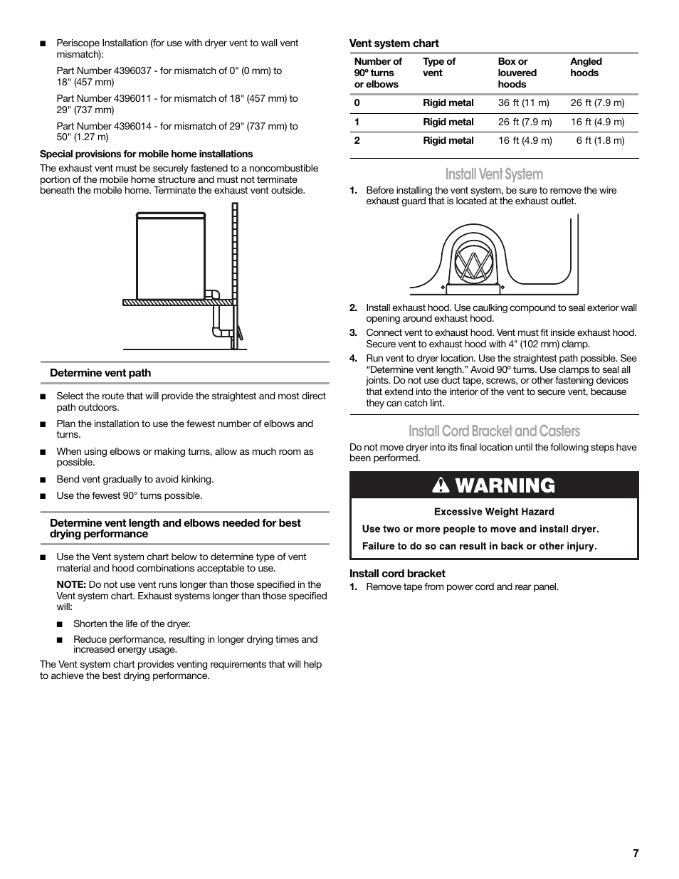 Determine vent path, Vent system chart, Install vent system | Install cord bracket and casters, Install cord bracket, Remove tape from power cord and rear panel | Crosley CONSERVATOR W10151585B User Manual | Page 7 / 16