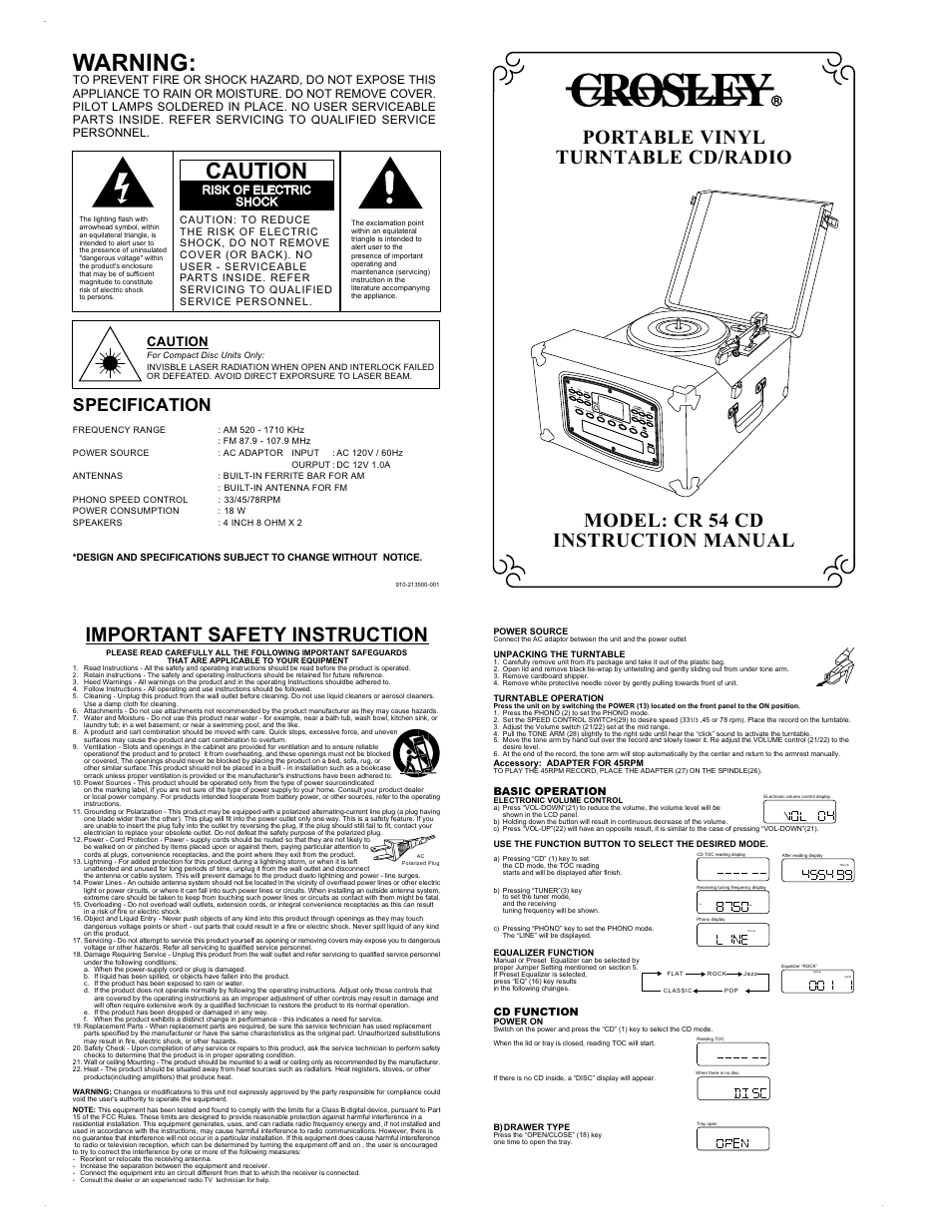 Crosley CR 54 CD User Manual | 2 pages