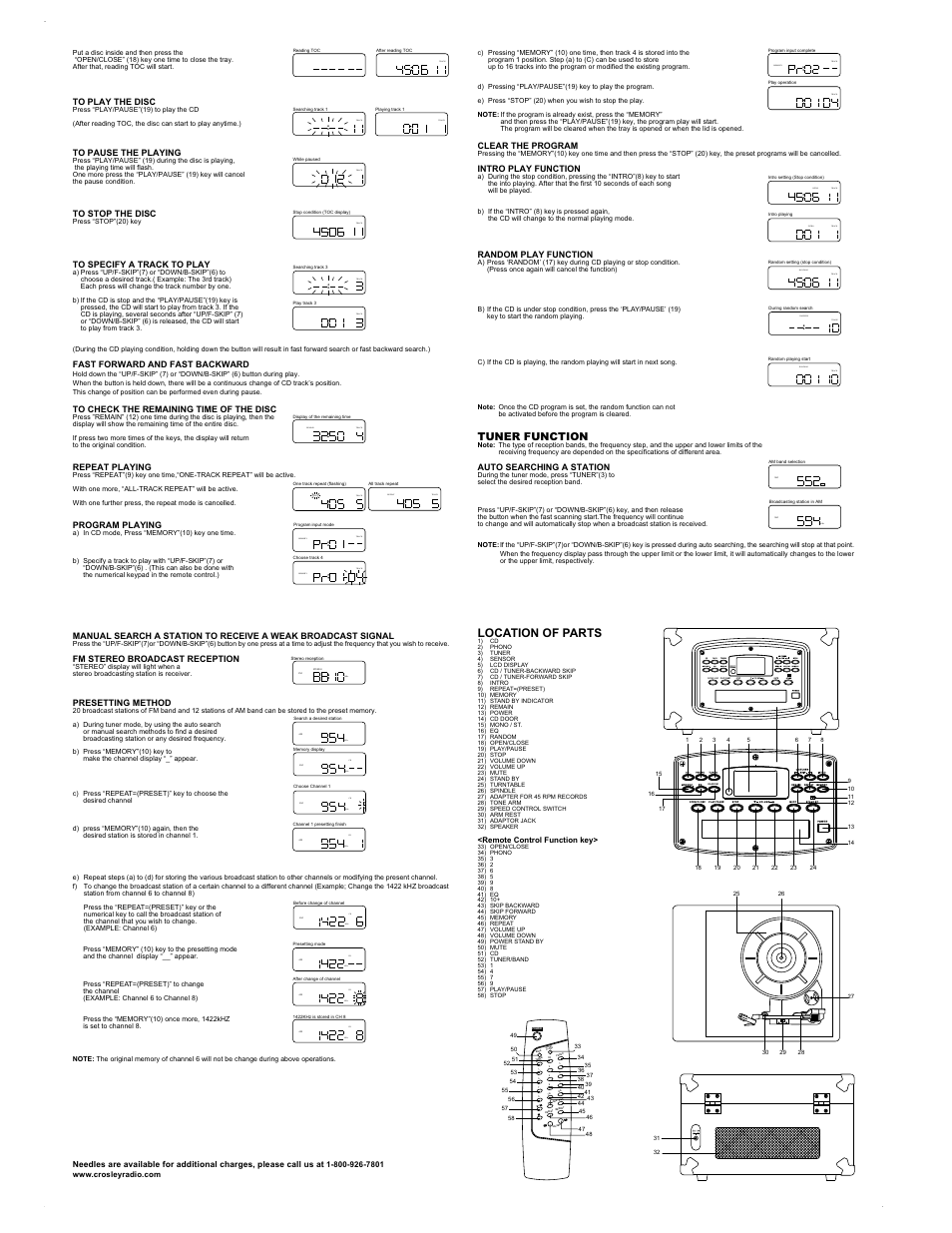 Track, Track intro, Intro | Track repeat, Khz ch, Track remain, Random track, Random, Location of parts, Tuner function | Crosley CR 54 CD User Manual | Page 2 / 2