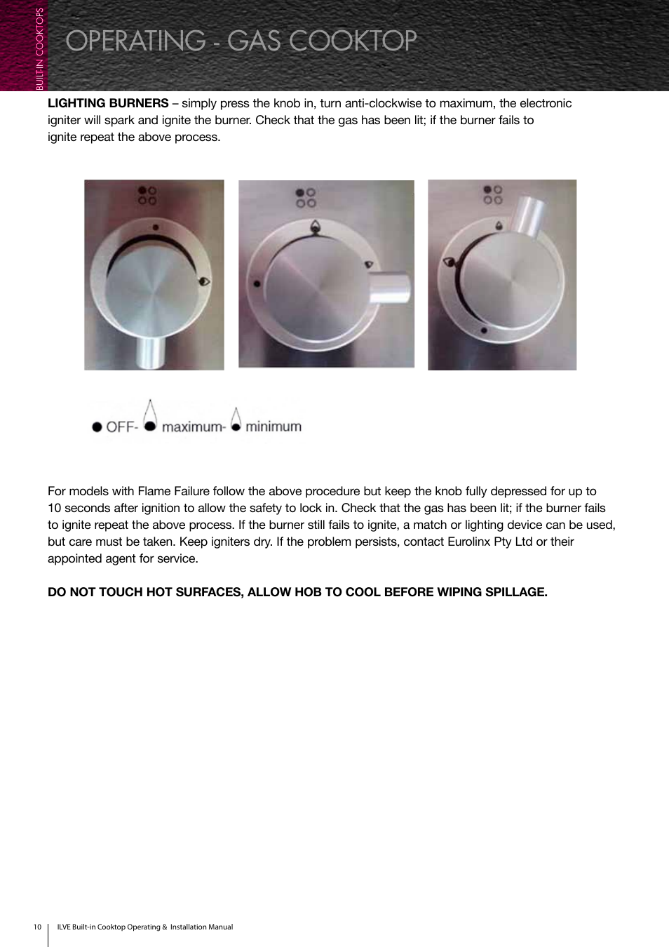 Operating - gas cooktop | ilve Built-in Cooktop User Manual | Page 10 / 40