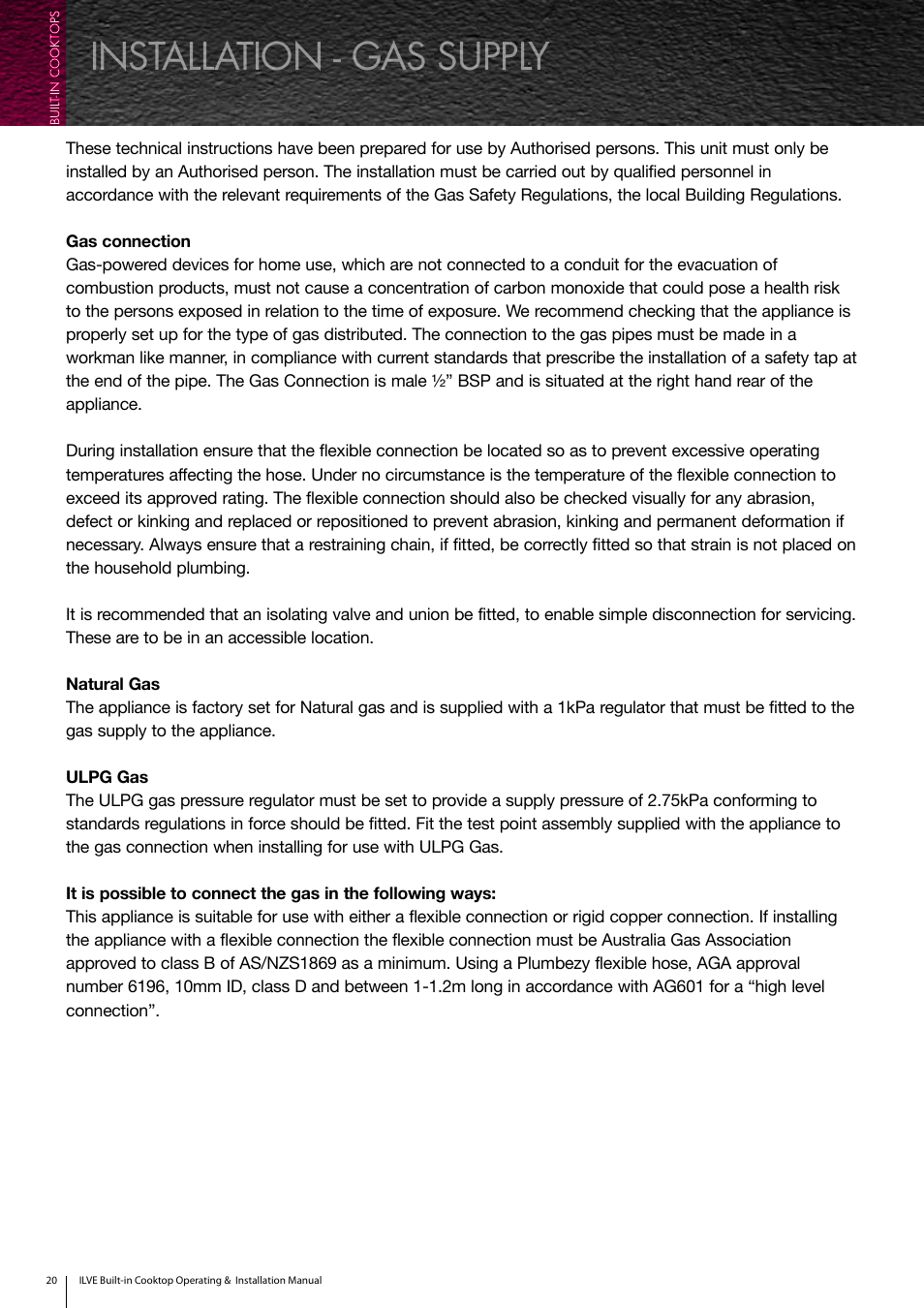 Installation - gas supply | ilve Built-in Cooktop User Manual | Page 20 / 40
