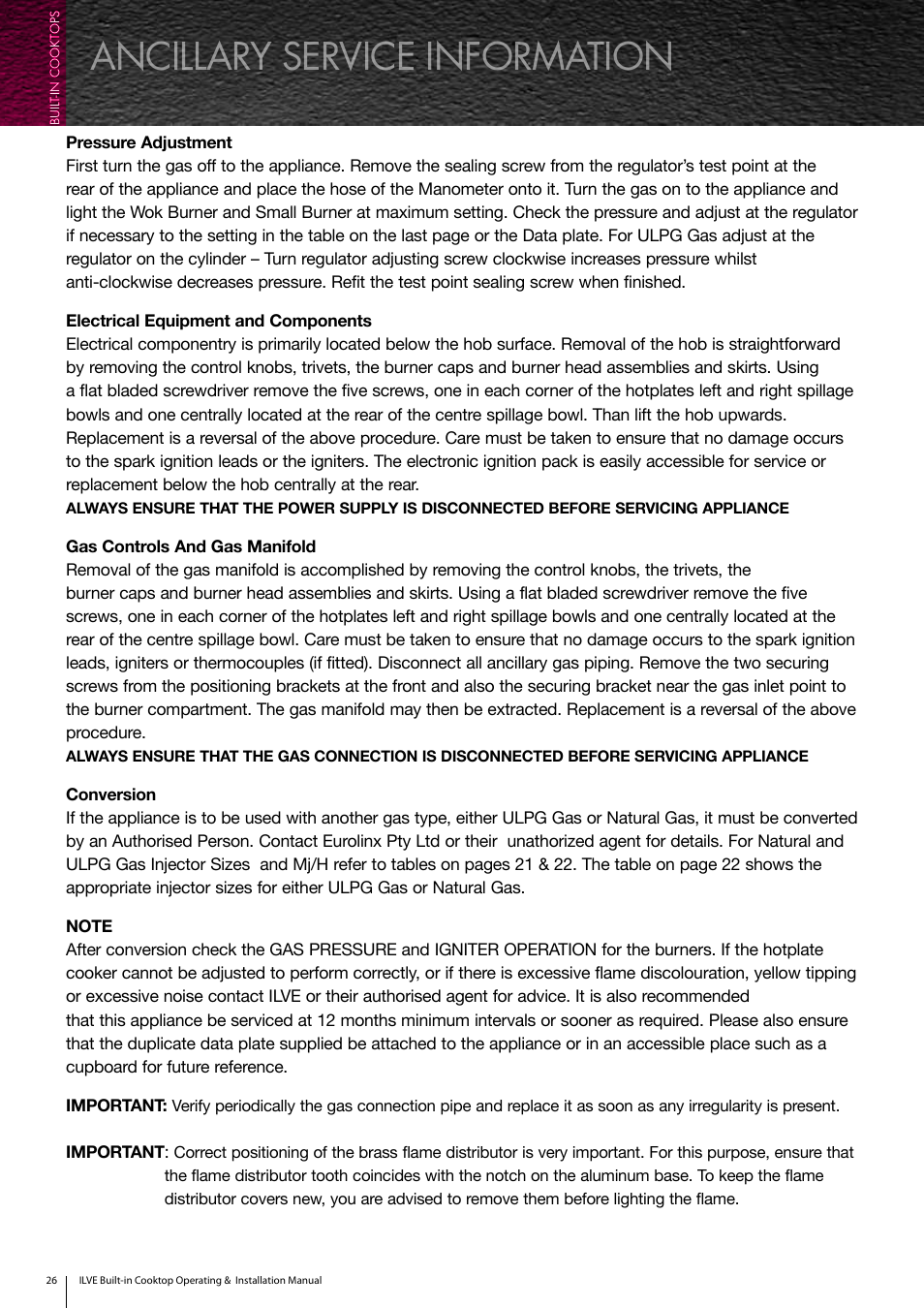 Ancillary service information | ilve Built-in Cooktop User Manual | Page 26 / 40