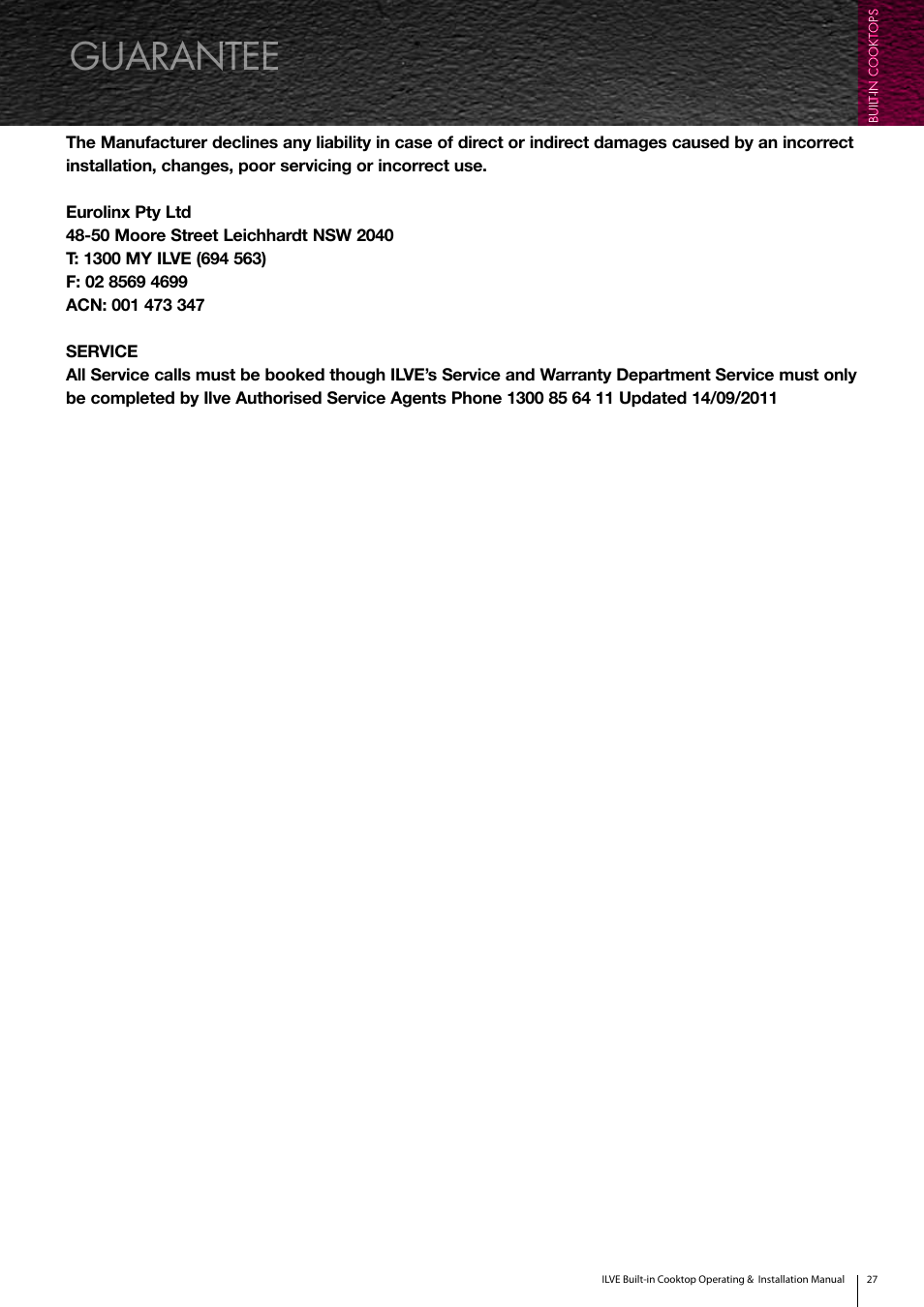 Guarantee | ilve Built-in Cooktop User Manual | Page 27 / 40