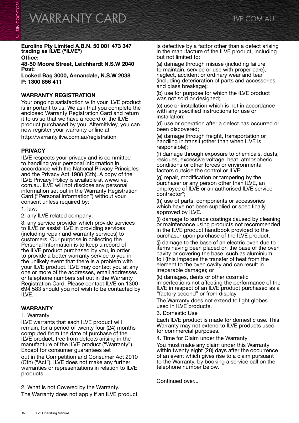 Warranty card | ilve Built-in Cooktop User Manual | Page 36 / 40