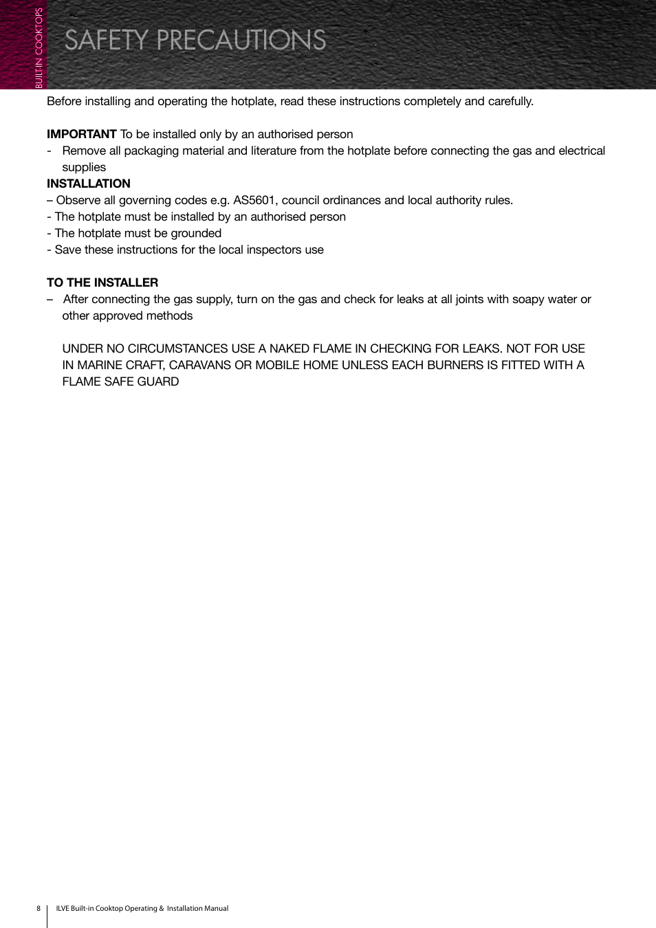 Safety precautions | ilve Built-in Cooktop User Manual | Page 8 / 40