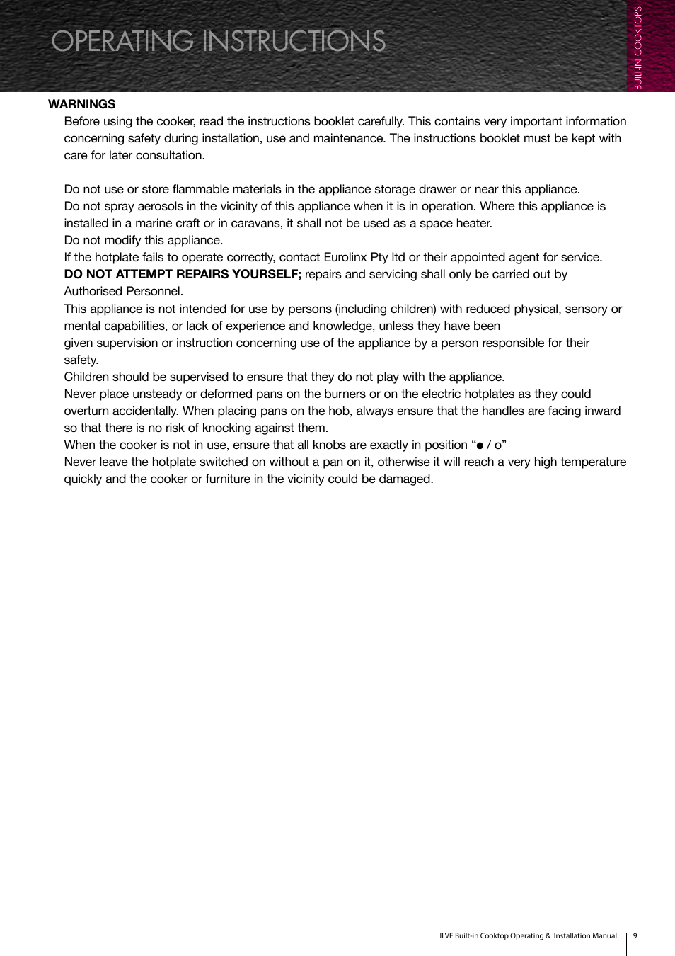 Operating instructions | ilve Built-in Cooktop User Manual | Page 9 / 40