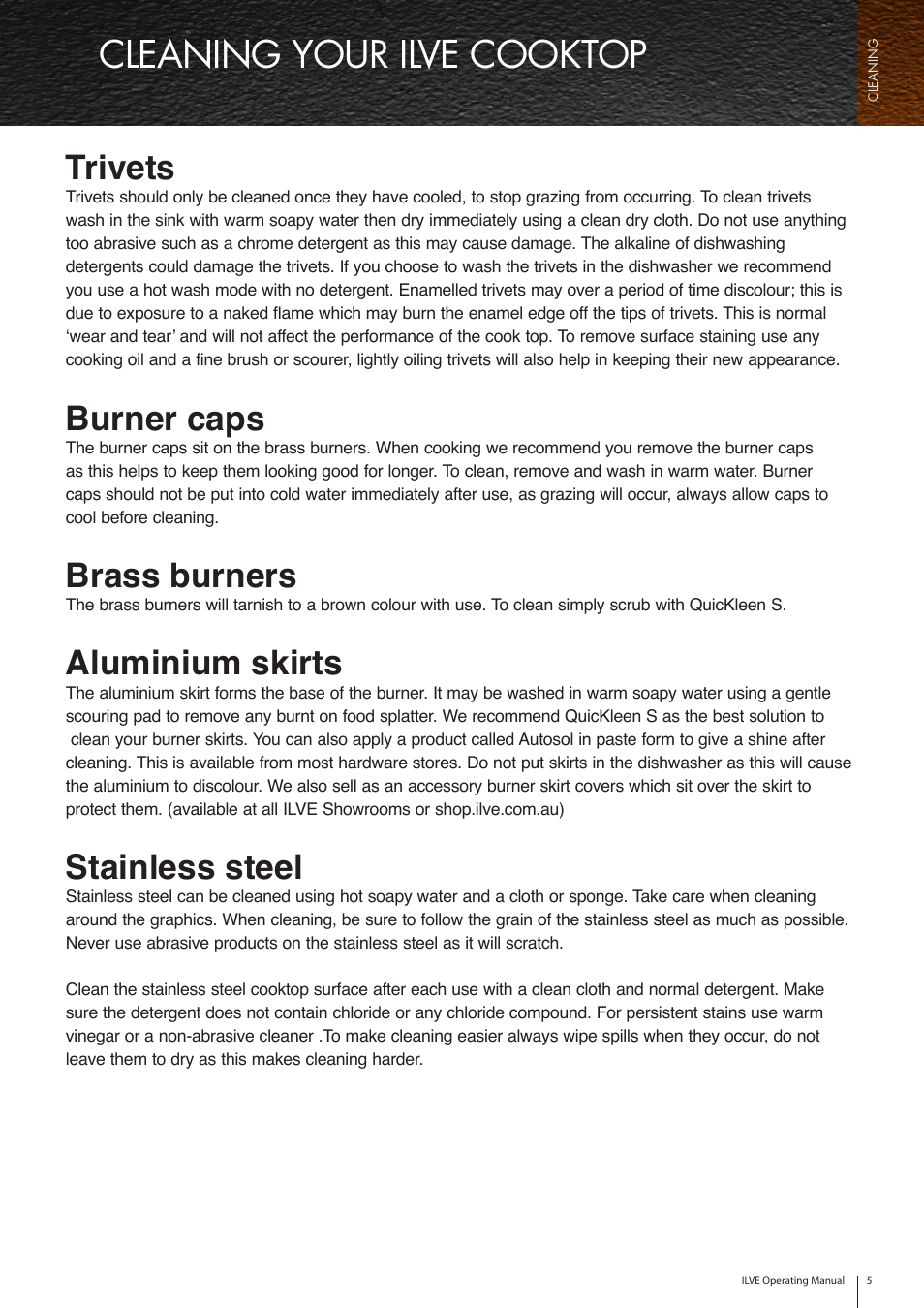 Cleaning your ilve cooktop, Trivets, Burner caps | Brass burners, Aluminium skirts, Stainless steel | ilve Cleaning Guide User Manual | Page 5 / 10