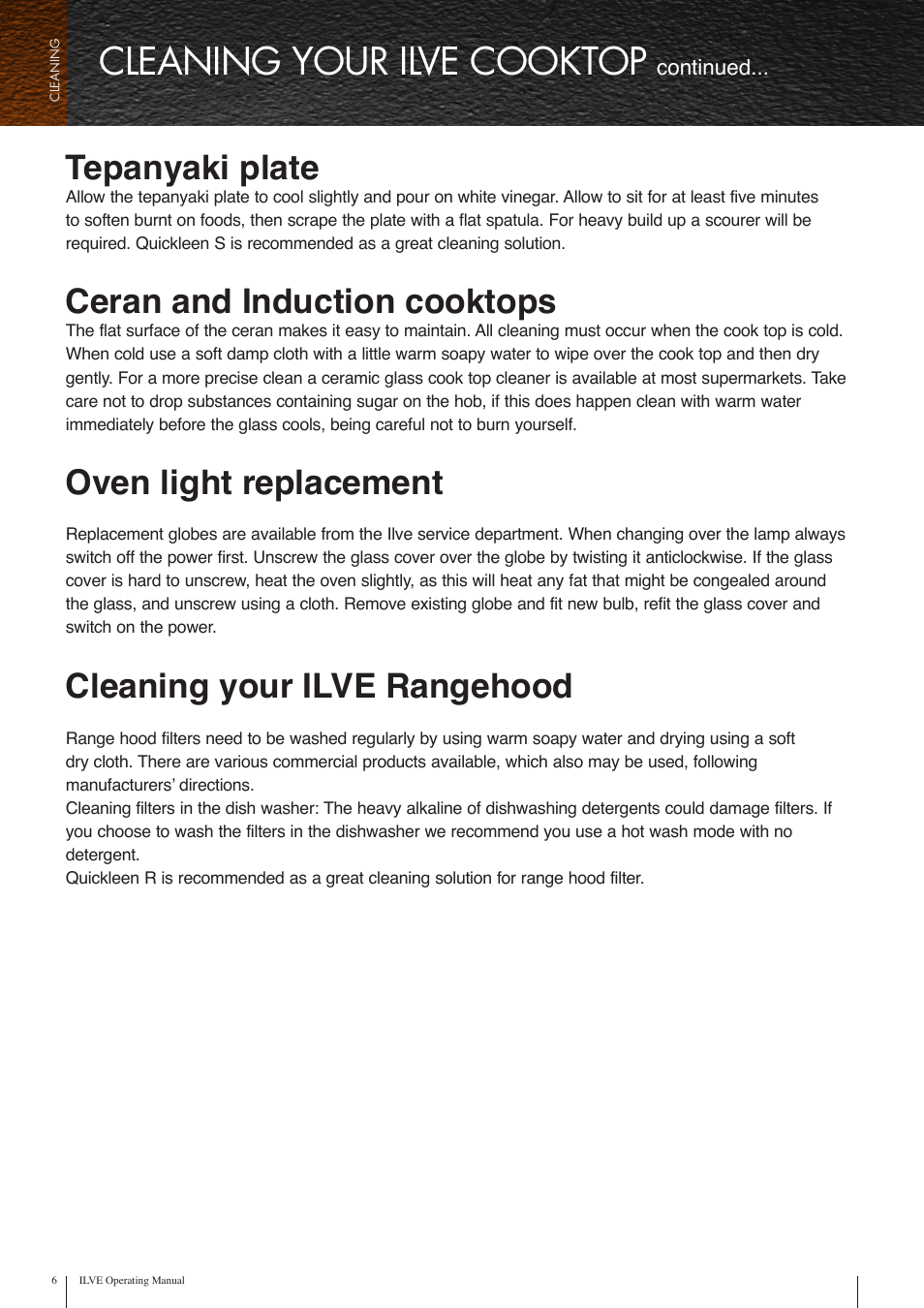 Cleaning your ilve cooktop, Tepanyaki plate, Ceran and induction cooktops | Oven light replacement, Cleaning your ilve rangehood | ilve Cleaning Guide User Manual | Page 6 / 10