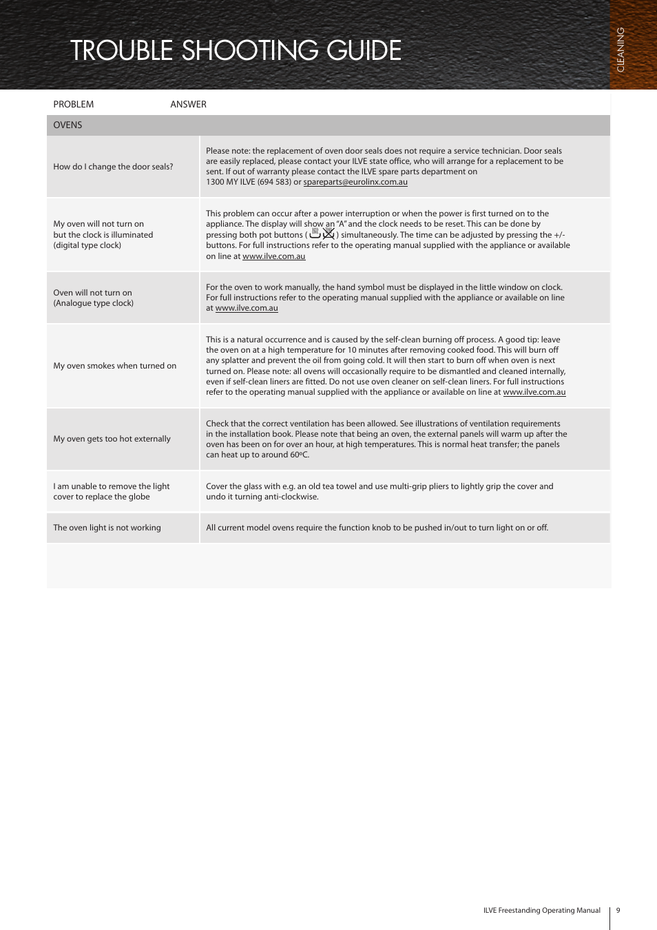 Trouble shooting guide | ilve Cleaning Guide User Manual | Page 9 / 10