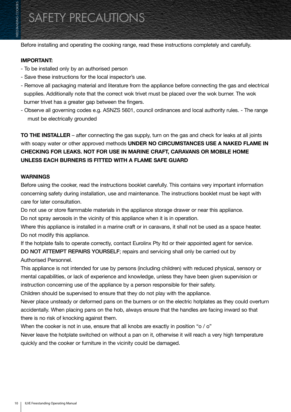 Safety precautions | ilve Freestanding Cookers User Manual | Page 10 / 66