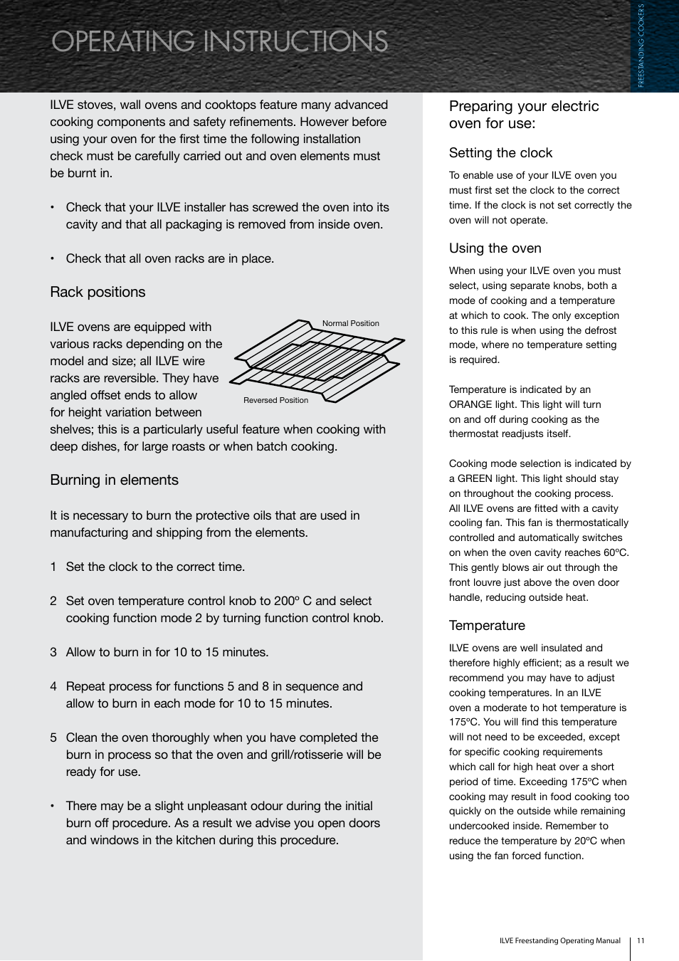 Operating instructions, Rack positions, Burning in elements | Preparing your electric oven for use | ilve Freestanding Cookers User Manual | Page 11 / 66