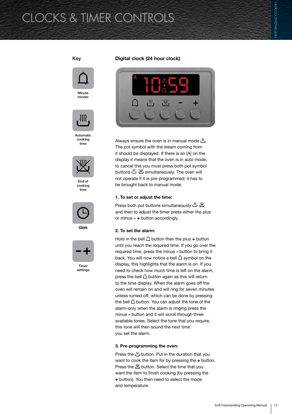 Clocks & timer controls | ilve Freestanding Cookers User Manual | Page 13 / 66