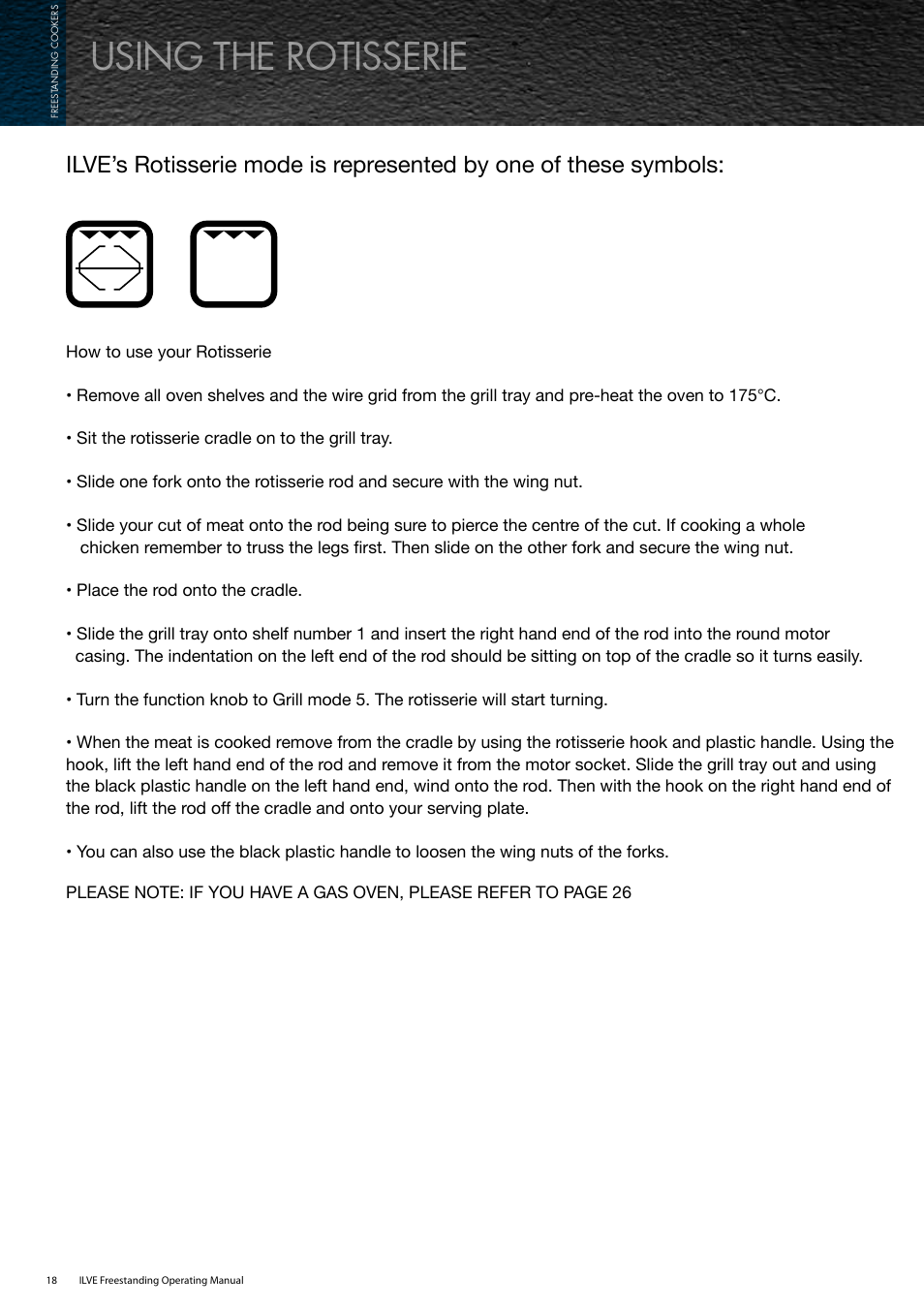 Using the rotisserie | ilve Freestanding Cookers User Manual | Page 18 / 66