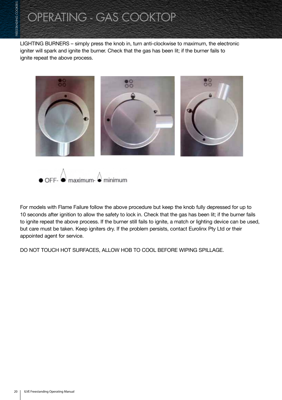Operating - gas cooktop | ilve Freestanding Cookers User Manual | Page 20 / 66
