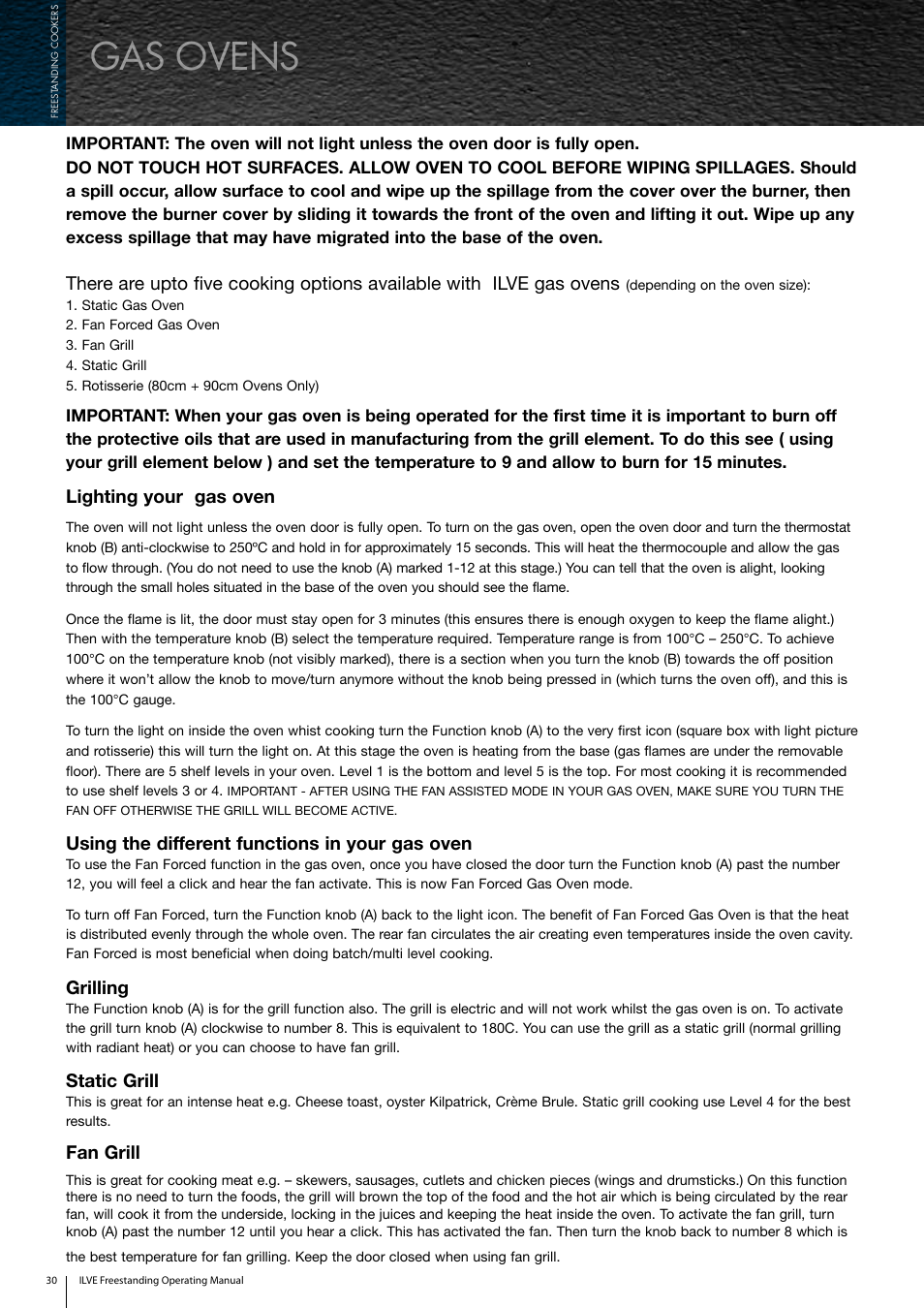 Gas ovens, Lighting your gas oven, Using the different functions in your gas oven | Grilling, Static grill, Fan grill | ilve Freestanding Cookers User Manual | Page 30 / 66