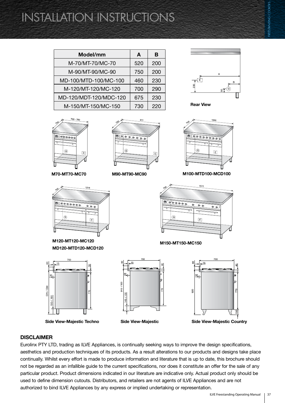 Installation instructions, Disclaimer | ilve Freestanding Cookers User Manual | Page 37 / 66