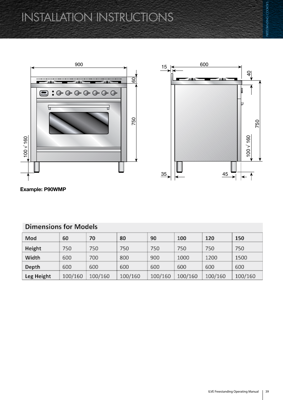 Installation instructions | ilve Freestanding Cookers User Manual | Page 39 / 66