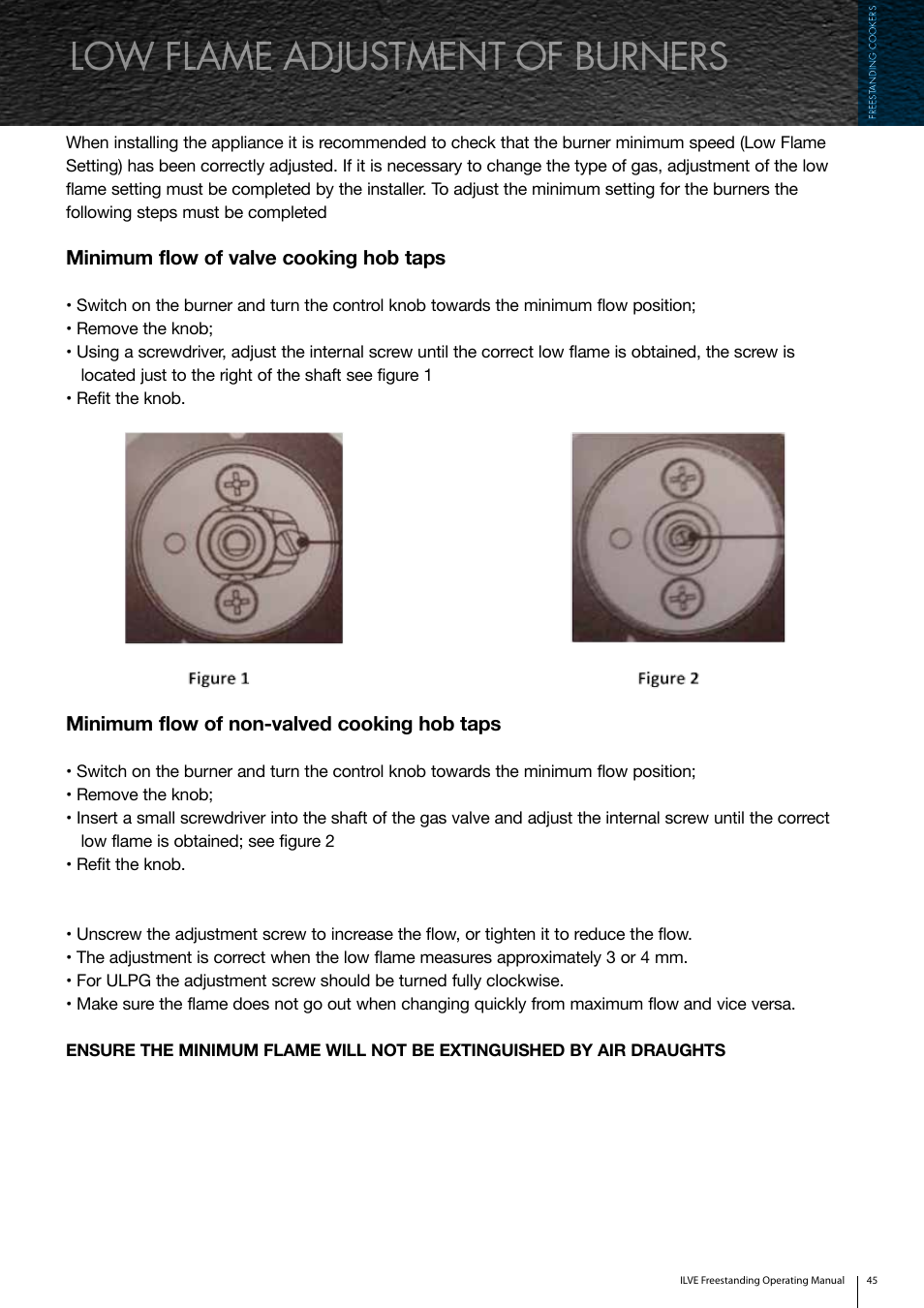 Low flame adjustment of burners | ilve Freestanding Cookers User Manual | Page 45 / 66