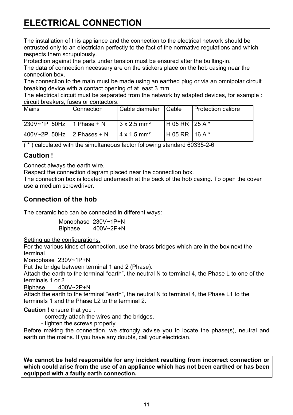Electrical connection | ilve KHVI60TC User Manual | Page 11 / 12