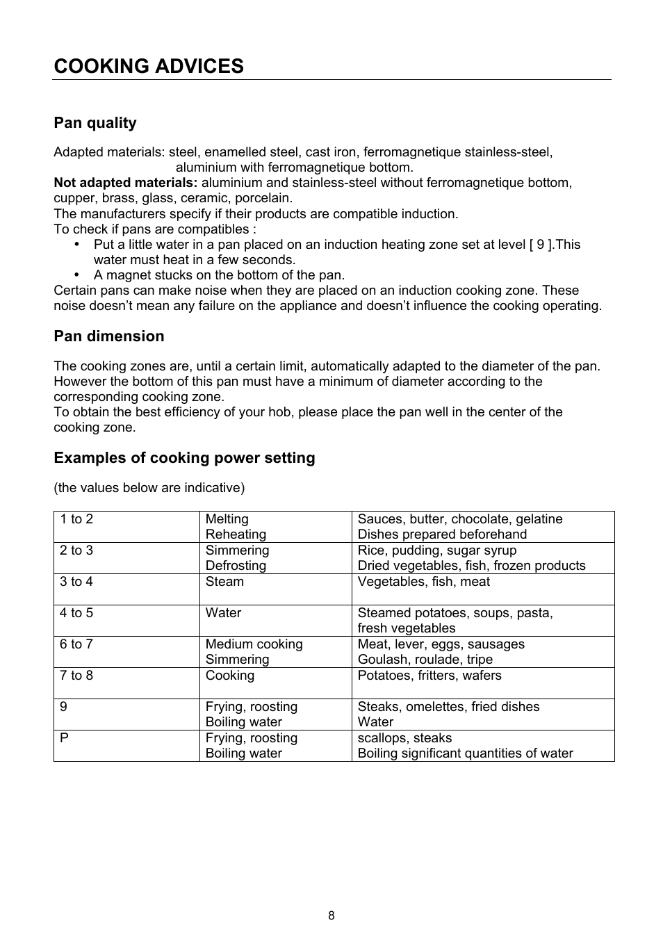 Cooking advices | ilve KHVI60TC User Manual | Page 8 / 12