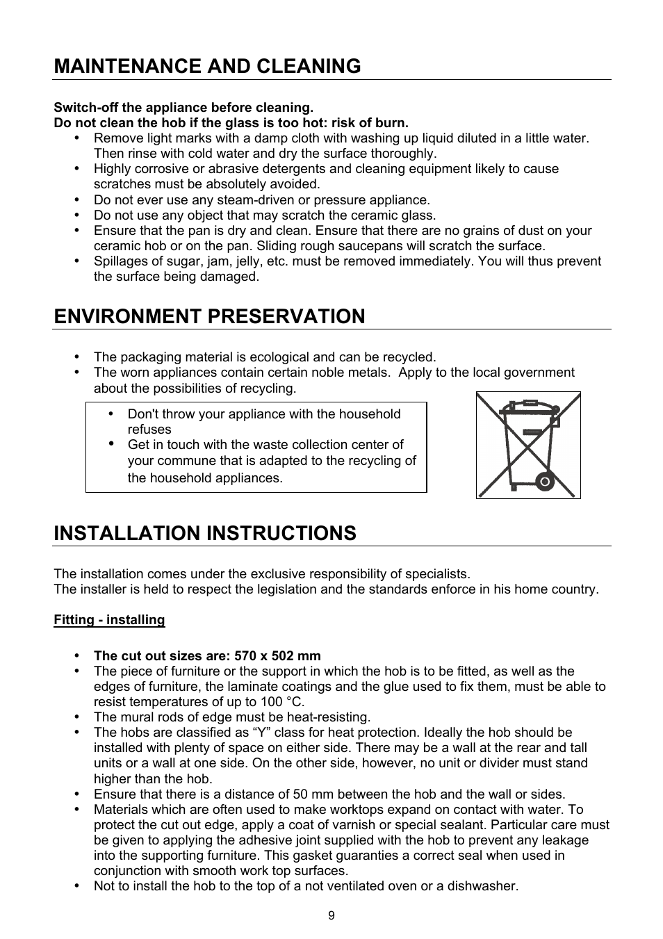 Maintenance and cleaning, Environment preservation, Installation instructions | ilve KHVI60TC User Manual | Page 9 / 12