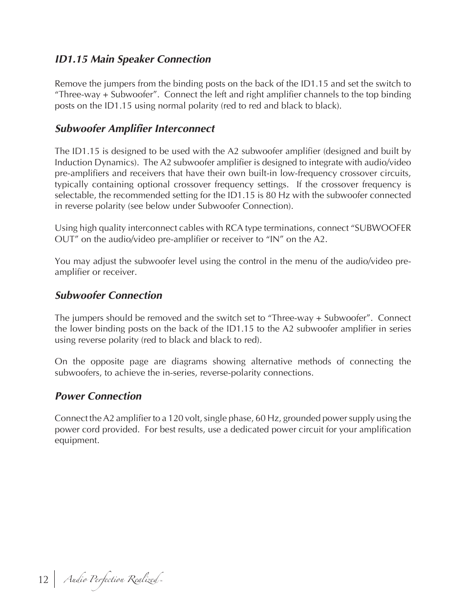 Id1.15 main speaker connection, Subwoofer amplifier interconnect, Subwoofer connection | Power connection | Induction Dynamics ID1.15 User Manual | Page 12 / 20