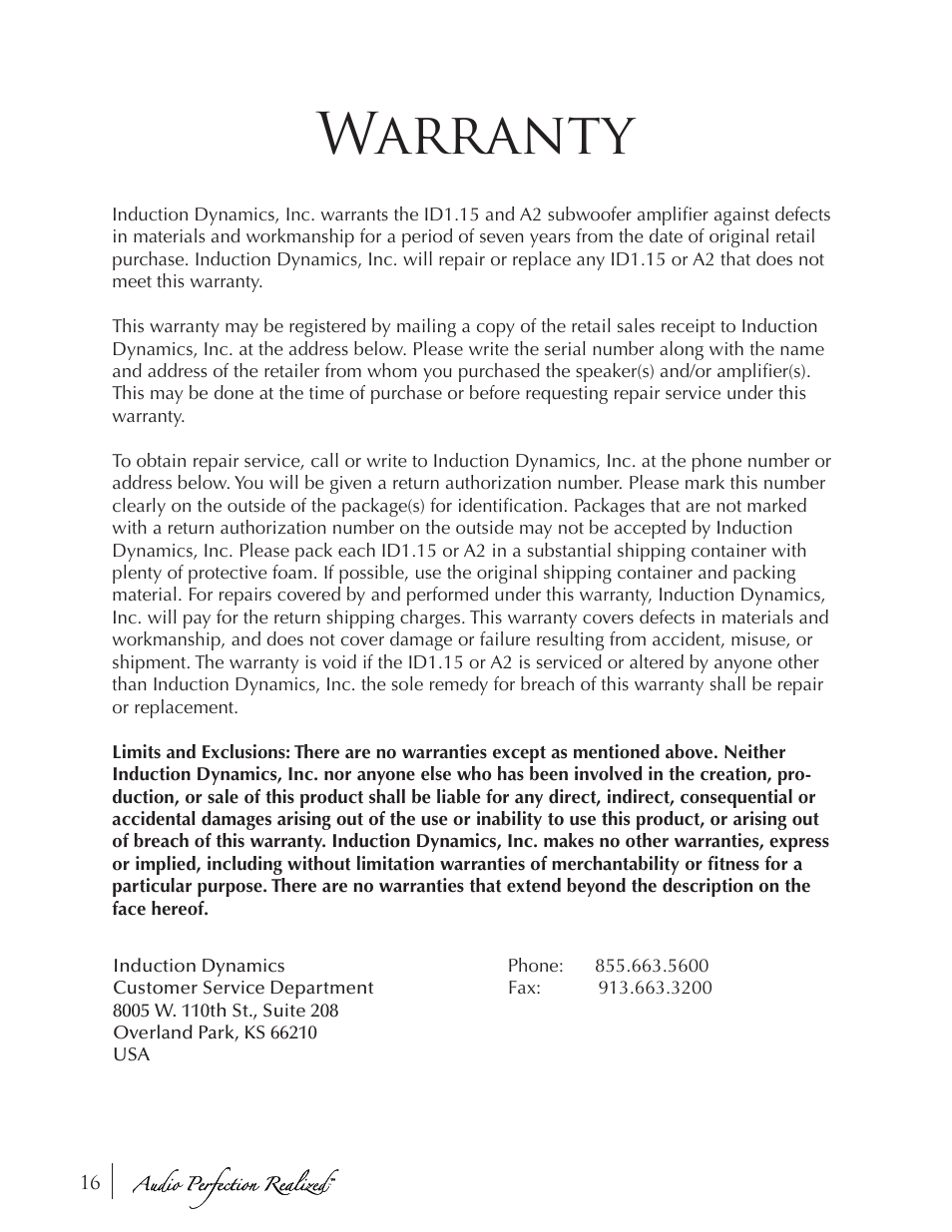 Warranty | Induction Dynamics ID1.15 User Manual | Page 16 / 20