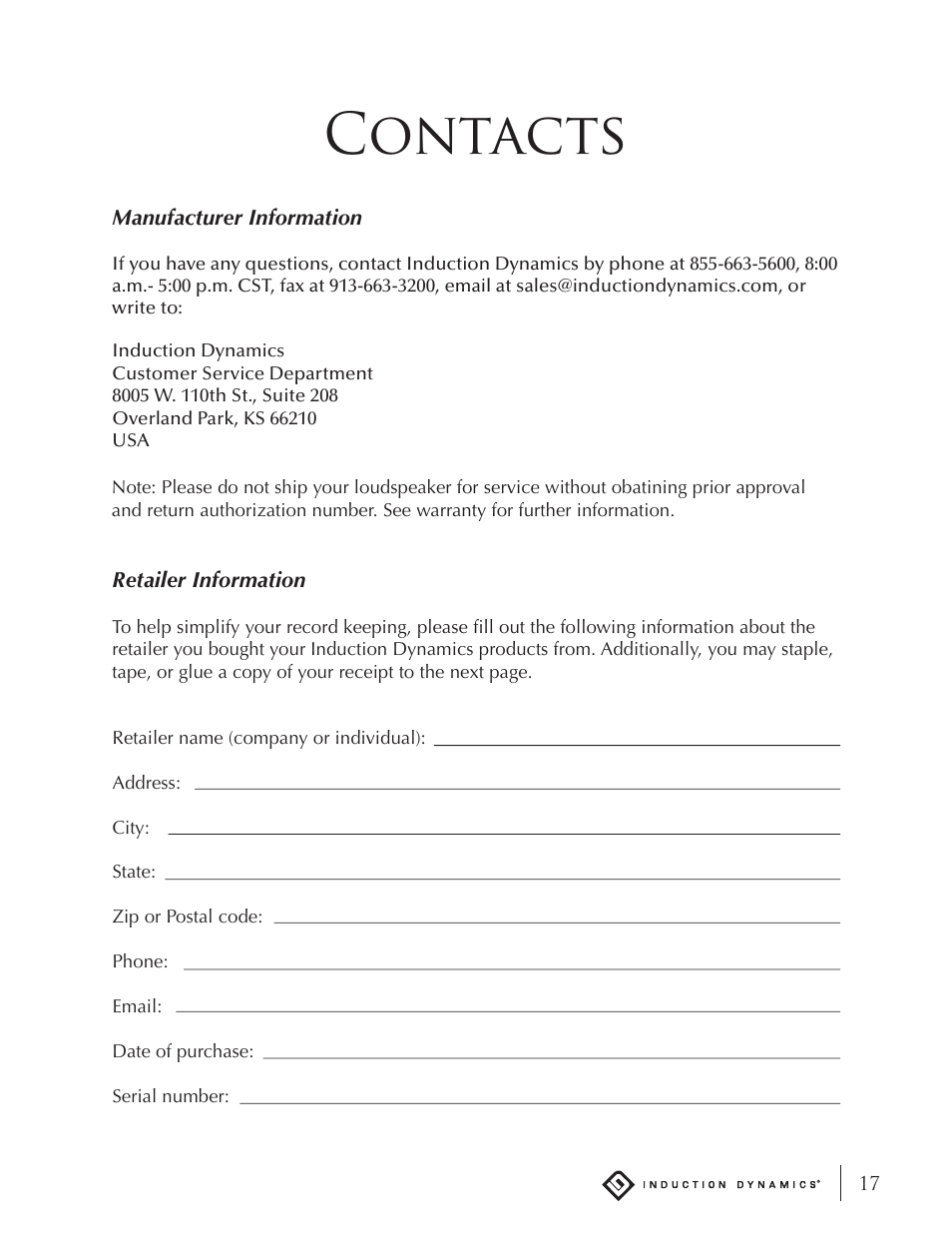 Contacts | Induction Dynamics ID1.15 User Manual | Page 17 / 20