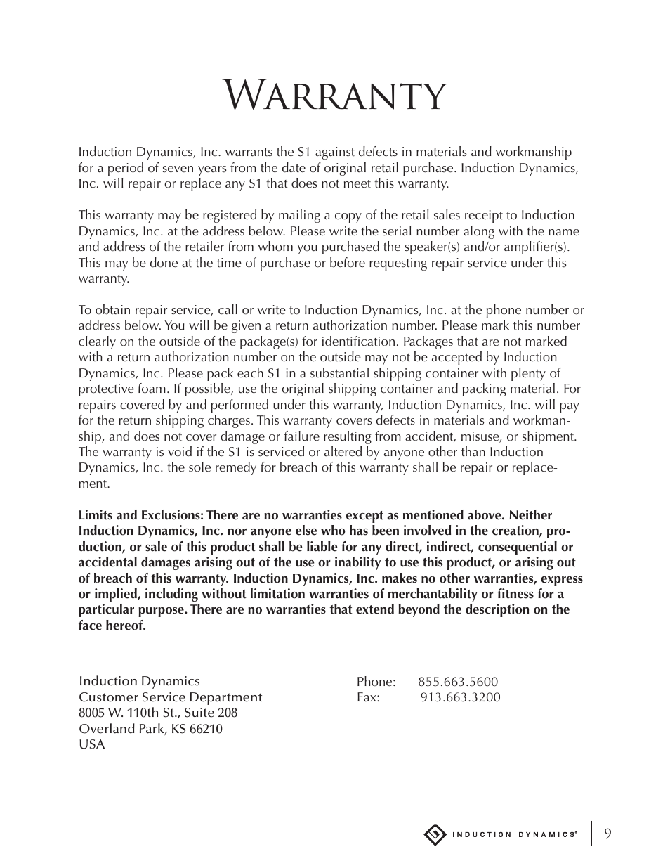 Warranty | Induction Dynamics S1 User Manual | Page 10 / 14