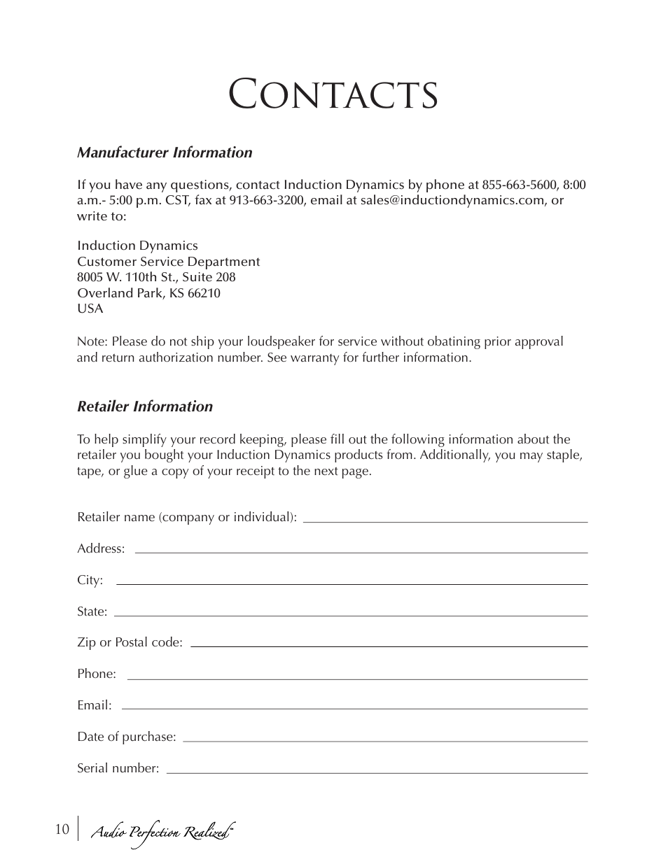Contacts | Induction Dynamics S1 User Manual | Page 11 / 14
