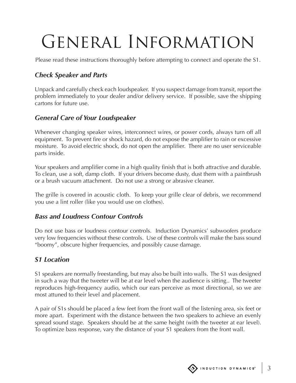 General information | Induction Dynamics S1 User Manual | Page 4 / 14