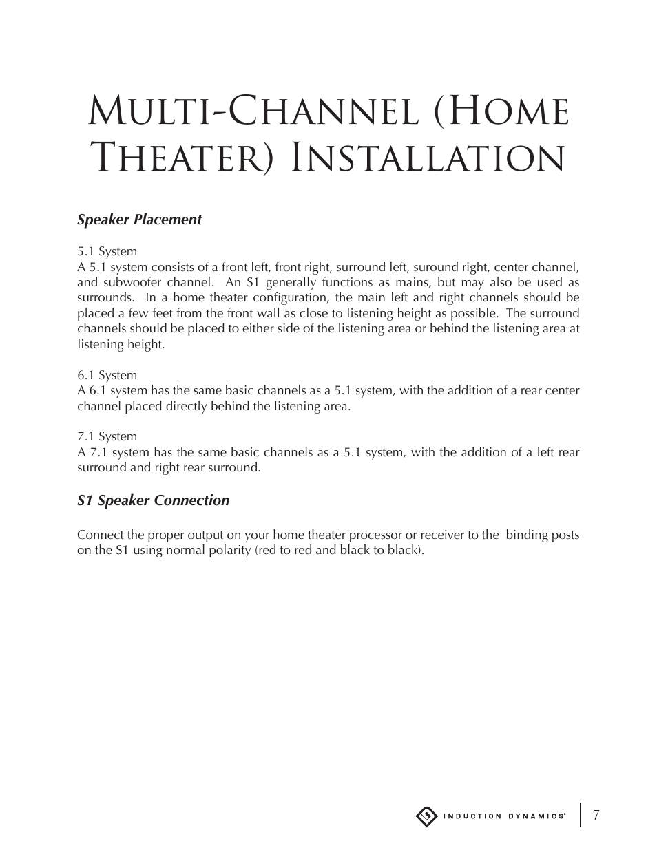 Multi-channel (home theater) installation | Induction Dynamics S1 User Manual | Page 8 / 14