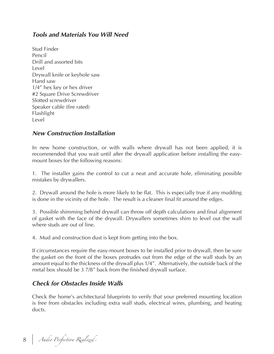 Tools and materials you will need, New construction installation, Check for obstacles inside walls | Induction Dynamics S1.iw User Manual | Page 10 / 19